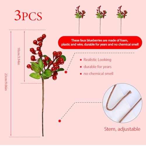 Artificial red Berries Stems,3pcs Fake Berries Artificial Fruits Berry Red