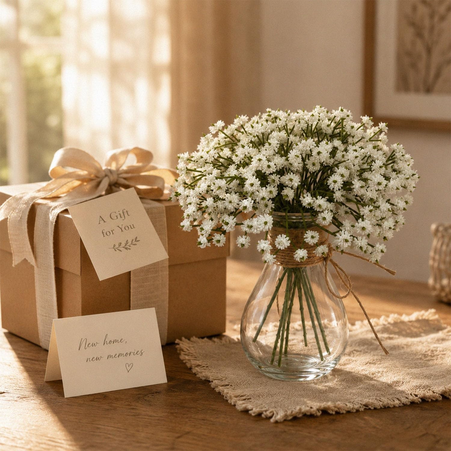9 Pcs Babys Breath Artificial Flowers with Glass Vase, 8″ Real Touch Faux Gyp…