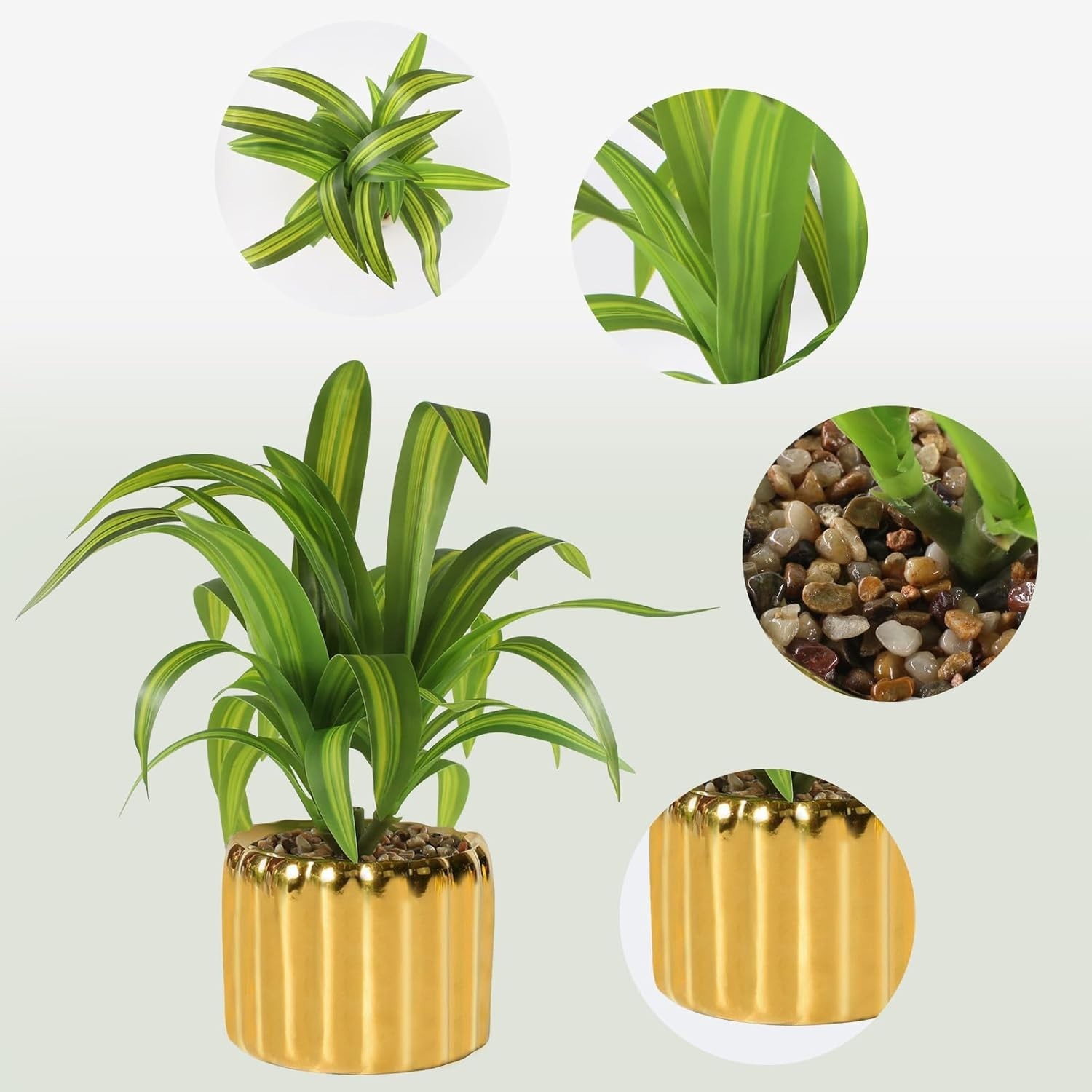 9″ Artificial Dracaena Plant with Textured Leaves Golden Ceramic Pot Realistic F