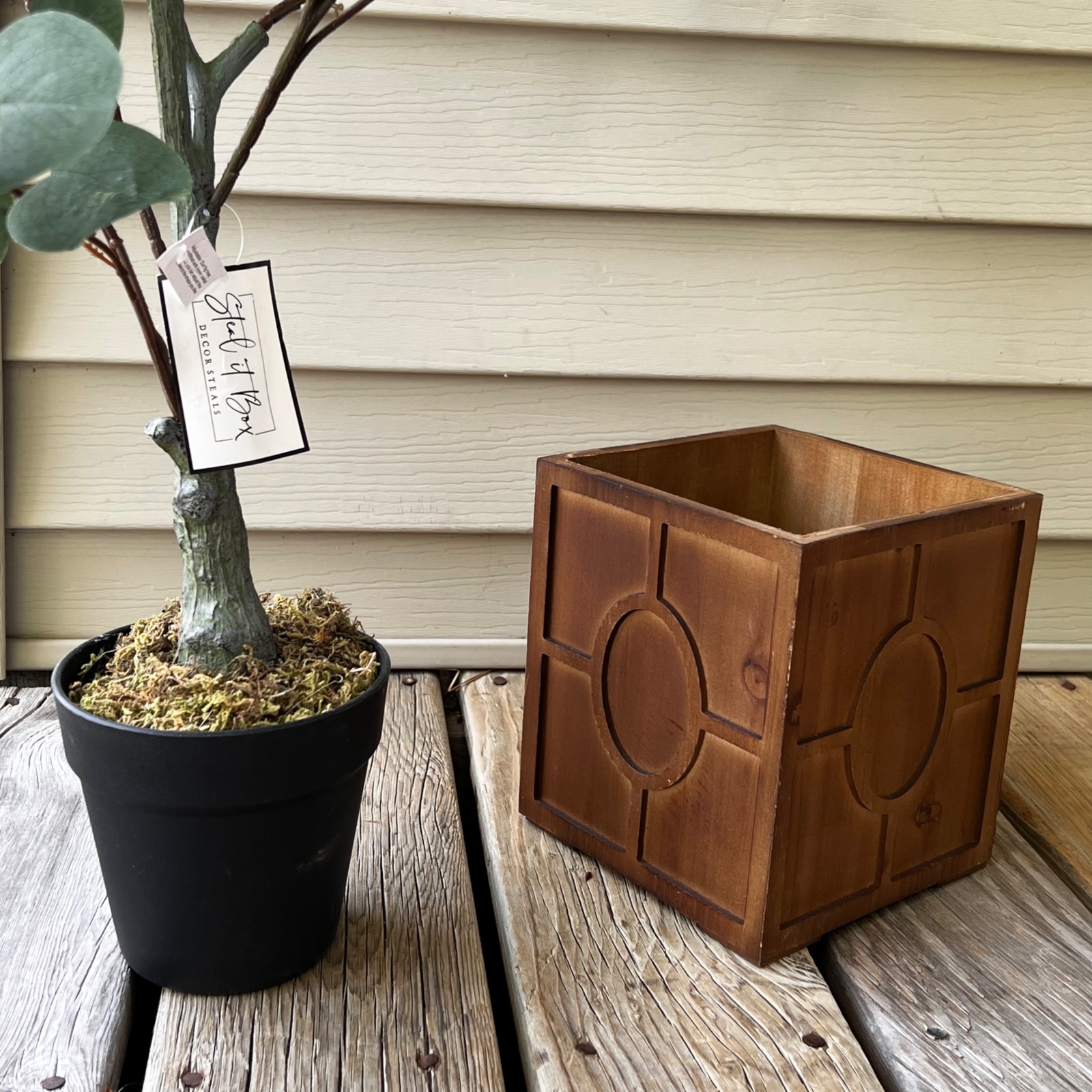 Decor Steals Eucalyptus Tree in Pot Wood Planter Box Artificial Greenery NIB
