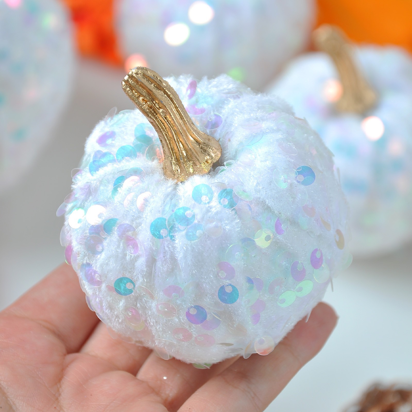 Sequin Pumpkin Decor 7 Piece Set in 4 Sizes for Table Centerpiece Display