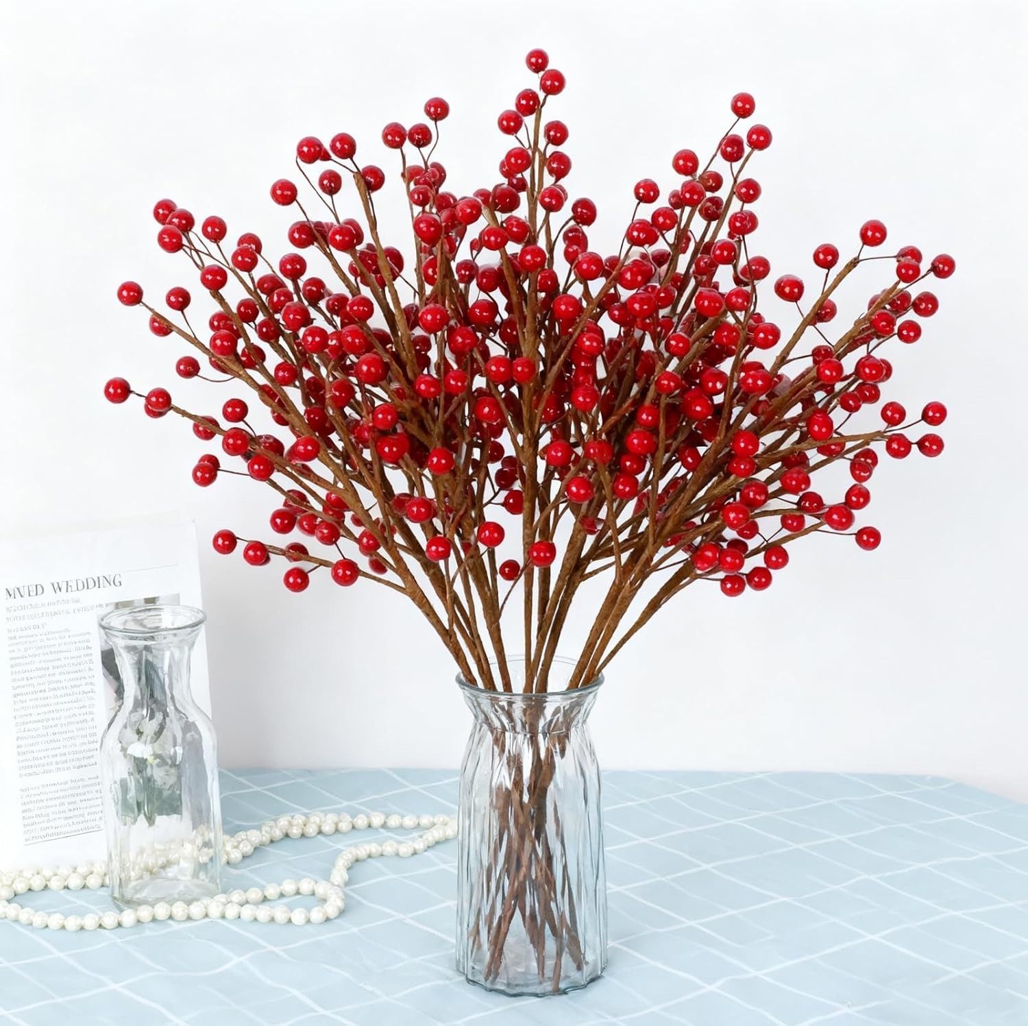 12pcs 13.5″ Red Holly Berry Stems for Christmas, Faux Greenery Picks and Sprays