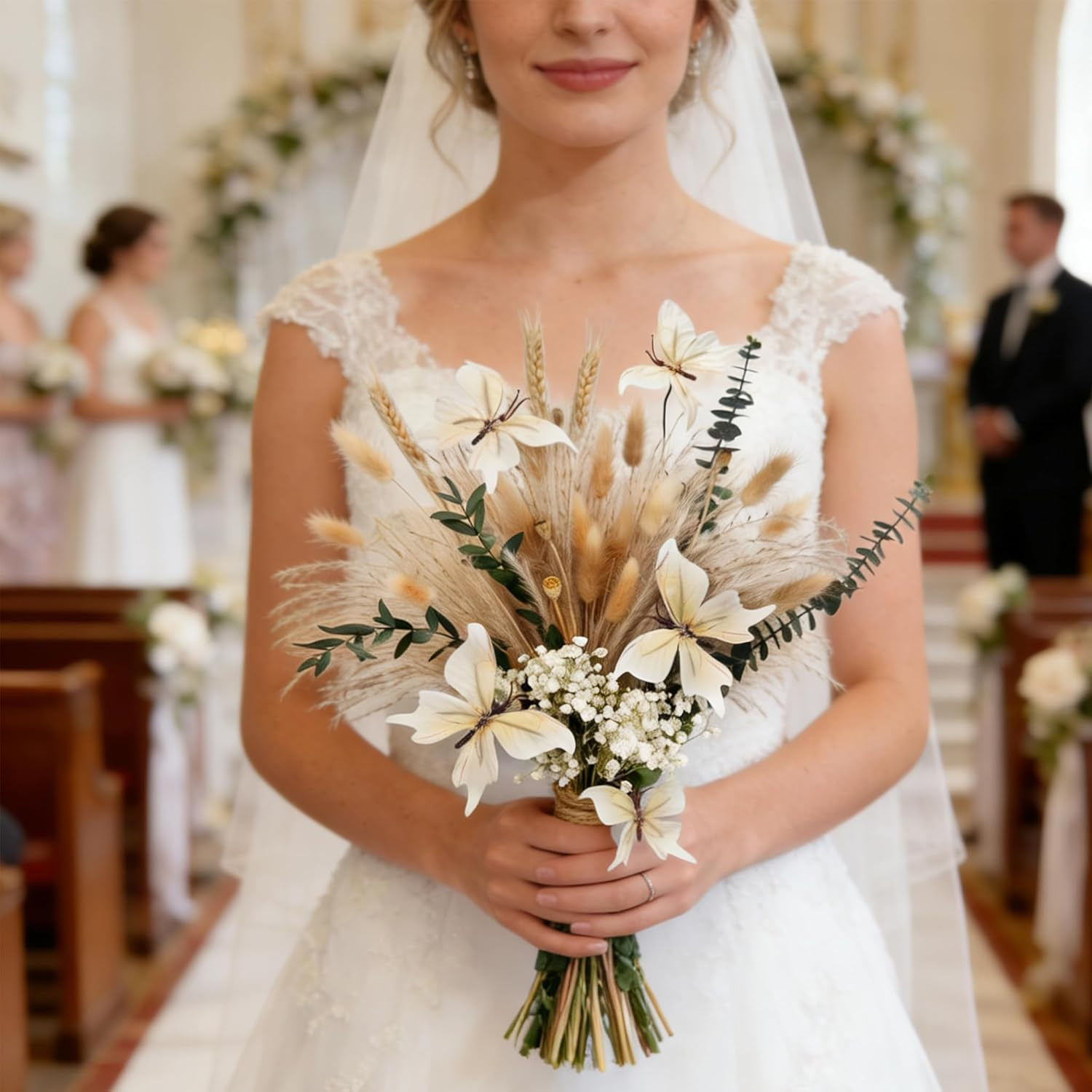 Pampas Grass Dried Flower Bouquet for Boho Home Decor | Eucalyptus, Butterflies