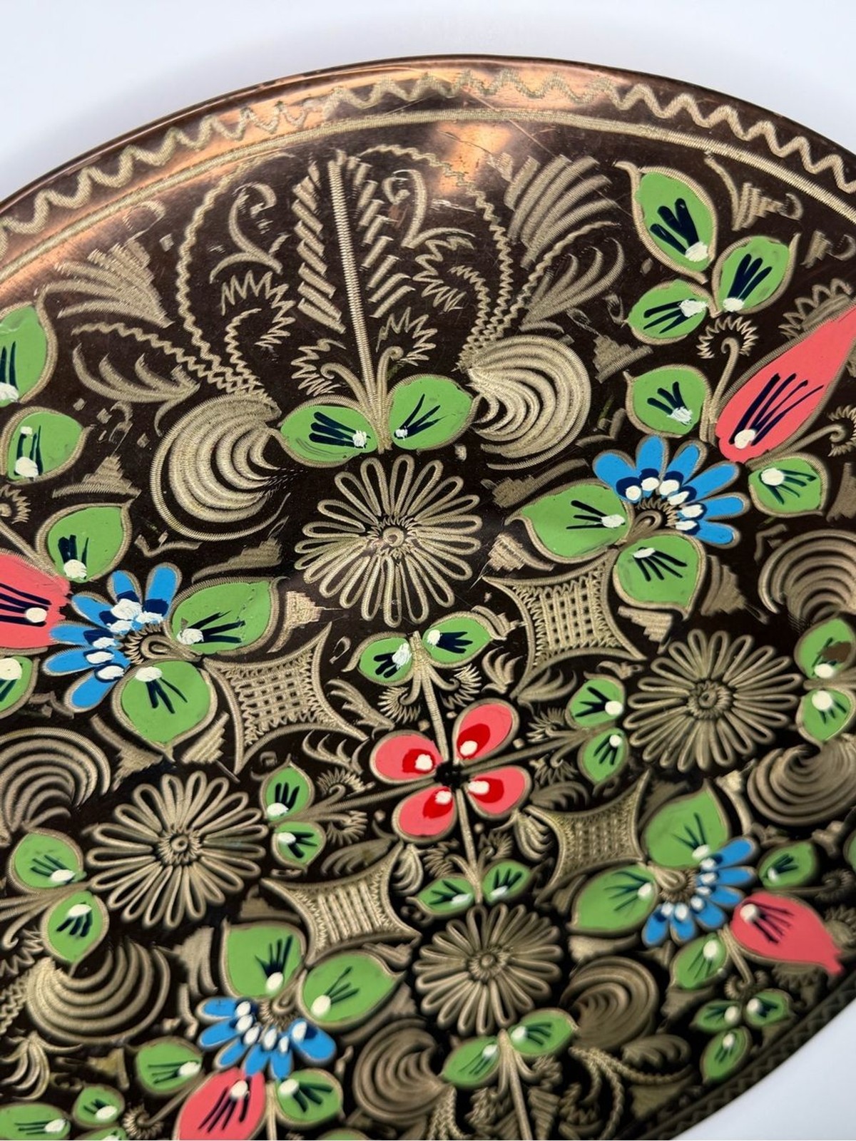 Vintage Turkish Hand Painted Copper Wall Plate 11.5″ Boho Floral Narol Decor