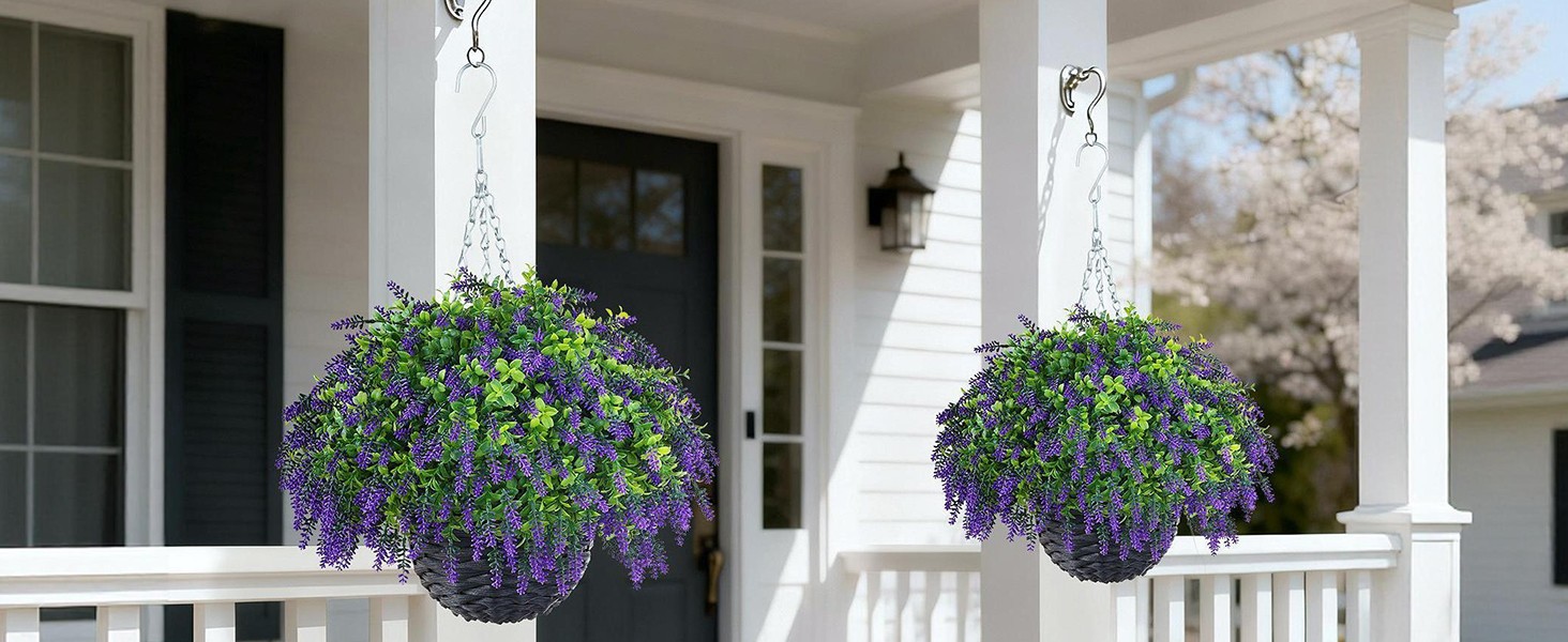 Artificial Lavender and Boxwood Hanging Basket – 2 Set for Outdoor