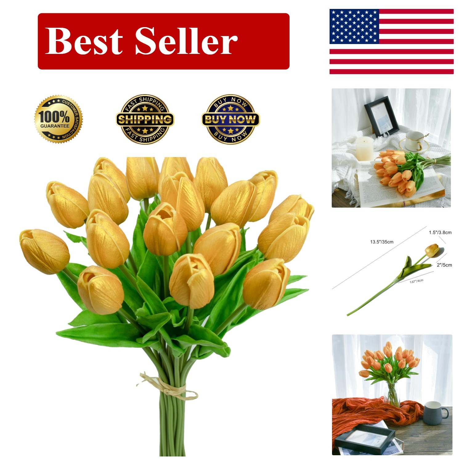 Lifelike Gold Tulips Centerpiece – 20 Eco-Friendly Stems for Stylish Home Decor
