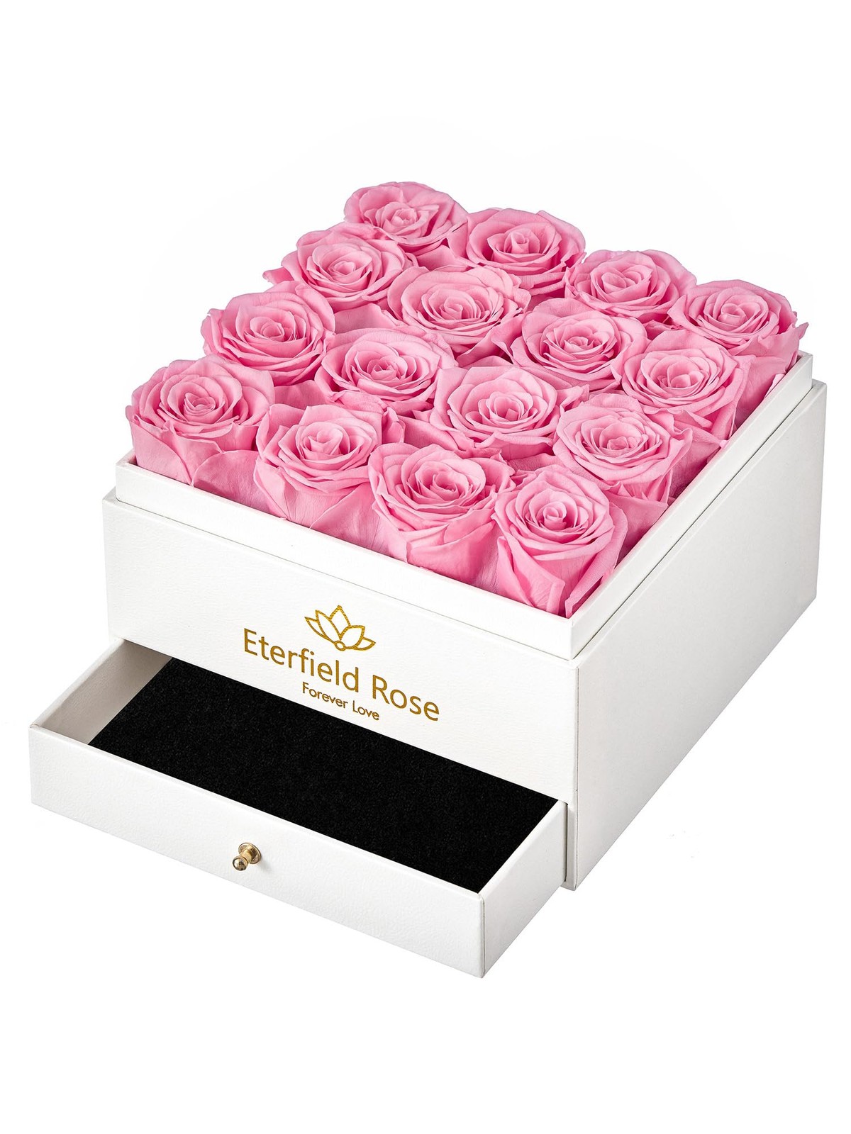 16 PCS Forever Flowers Preserved Pink Roses Square White Box With Drawer