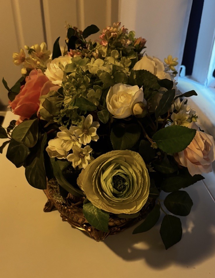 Large Elegant PINKS Flower Arrangement In Antique Brass Victorian Centerpiece