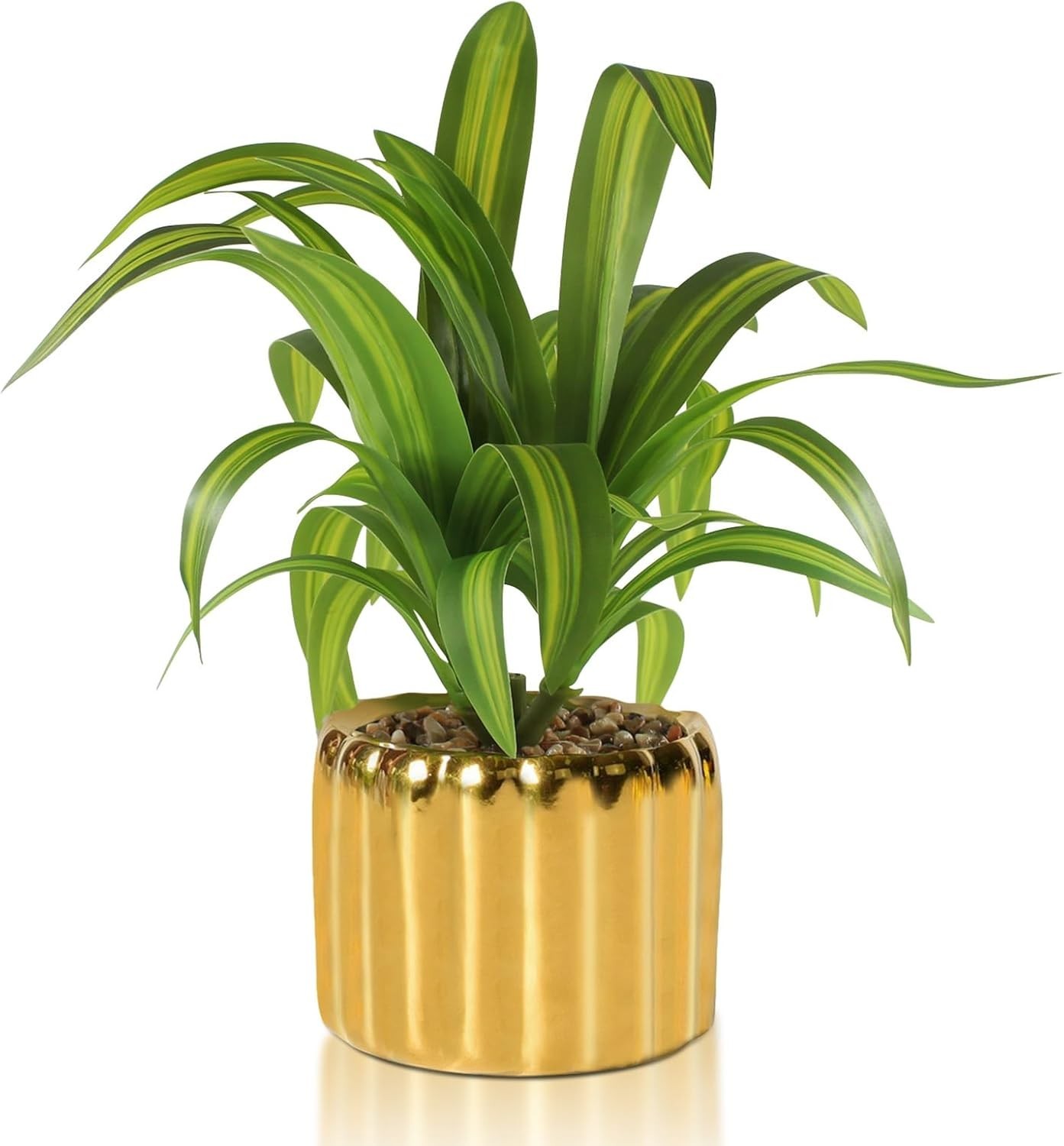 9″ Artificial Dracaena Plant with Textured Leaves Golden Ceramic Pot Realistic F