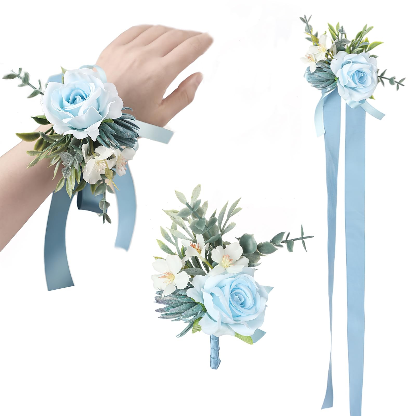 2 PCS Light Blue Artificial Rose Wrist Corsage Boutonniere Set Groom Groomsmen