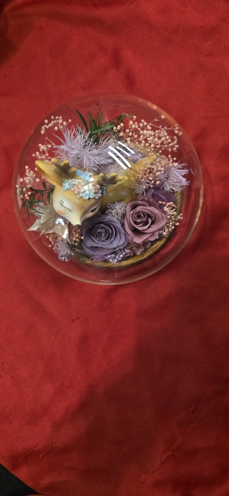Artificial Purple Rose Arrangement in Glass Dome w/ Deer Figurine