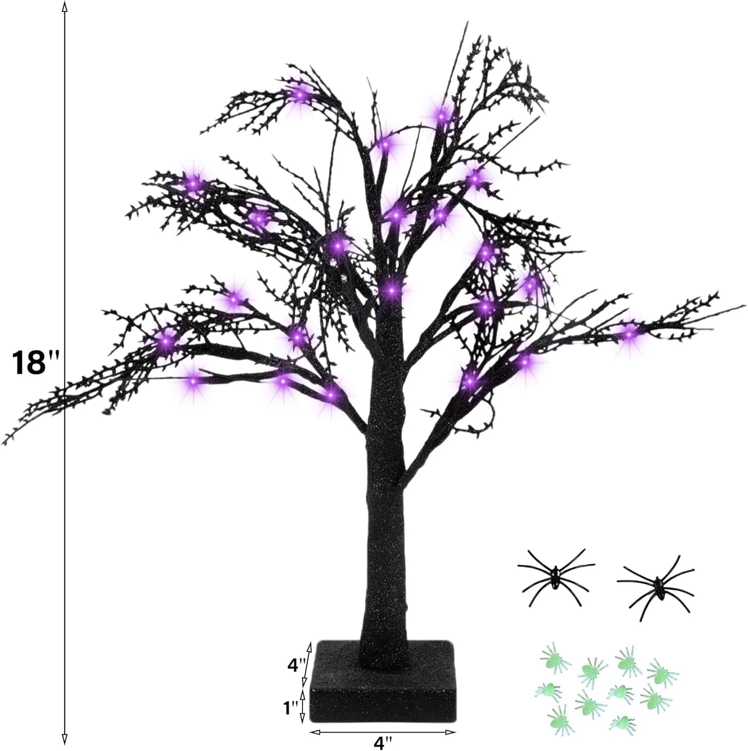 2 Pcs Halloween Black Spooky Tree with 24 LED Purple Lights, Spider Web and 1…