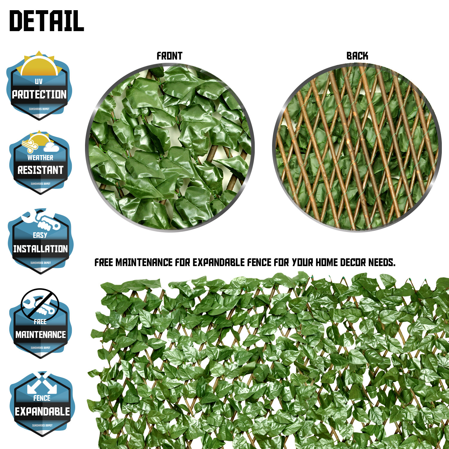 Expandable Artificial Faux Ivy Leaf Single Side Fence Screen Yard Plant Decor