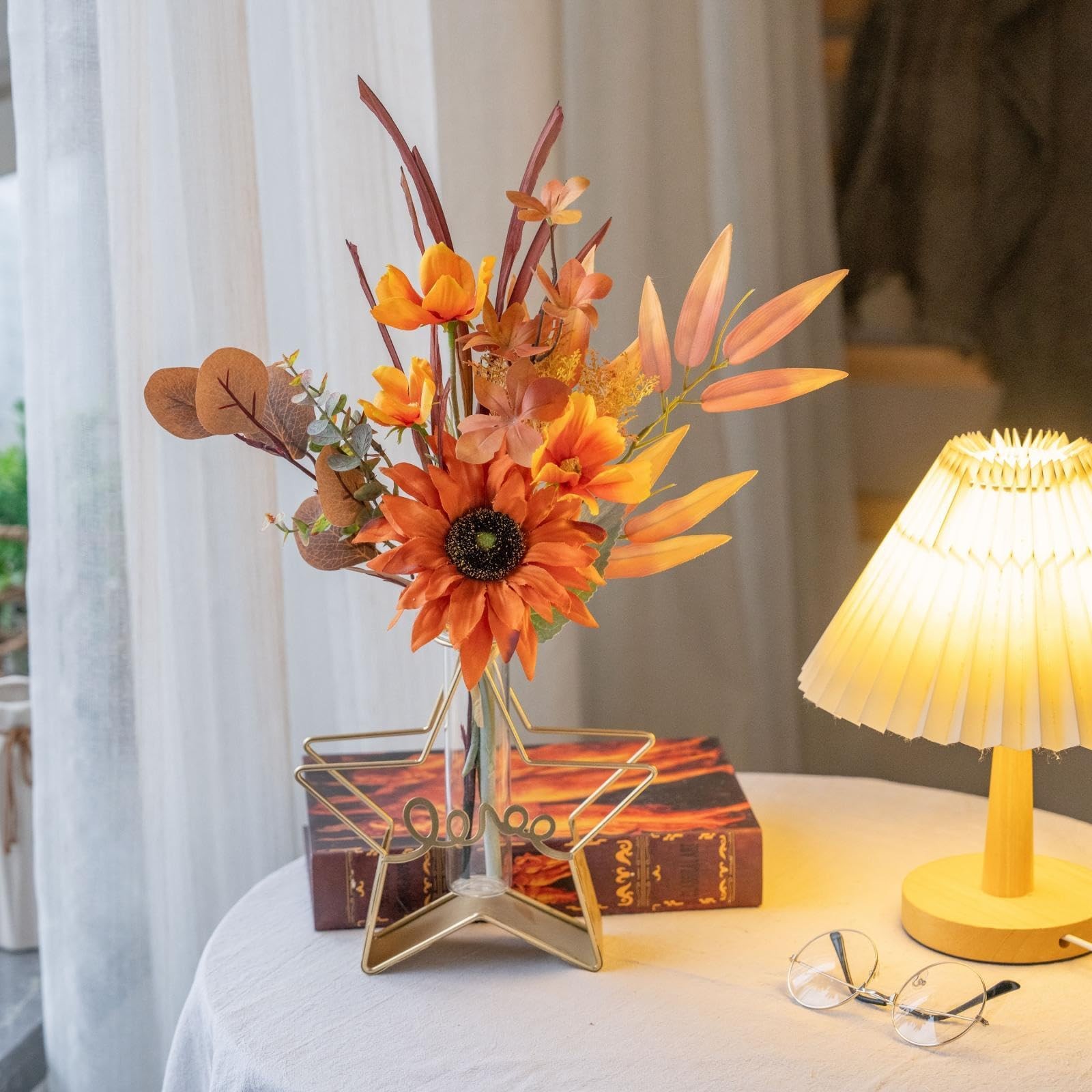 Fall Artificial Flowers 18.5 Inch Autumn Fake Silk Orange Sunflowers Decor