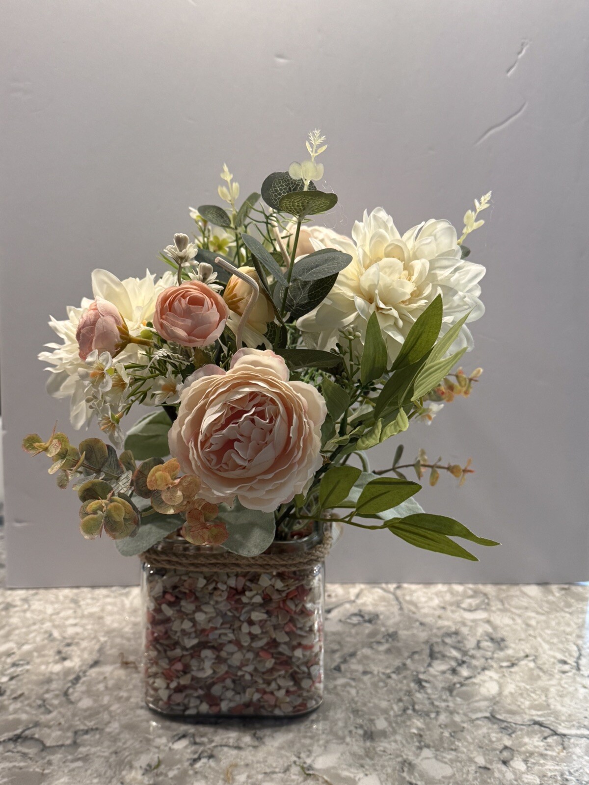 Spring Silk Floral Arrangement Clear Glass Vase Shell Chips Beach Decor