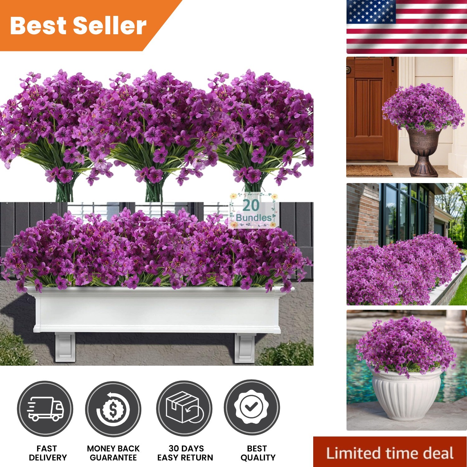 20 Bundles of UV Resistant Purple Faux Silk Flowers for All- Outdoor Beauty