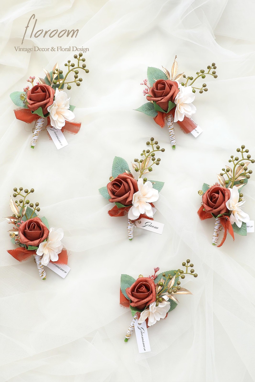 Set of 6 Burnt Orange Terracotta Foam Rose Boutonnieres with Pins for Men Wed…