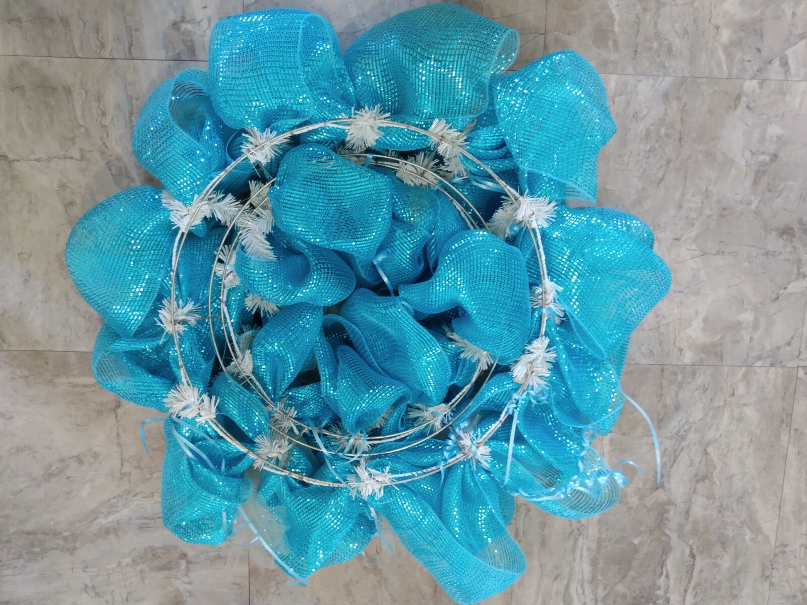 Wired Wreath With Aqua & White Tulle 20″ baby shower wreath