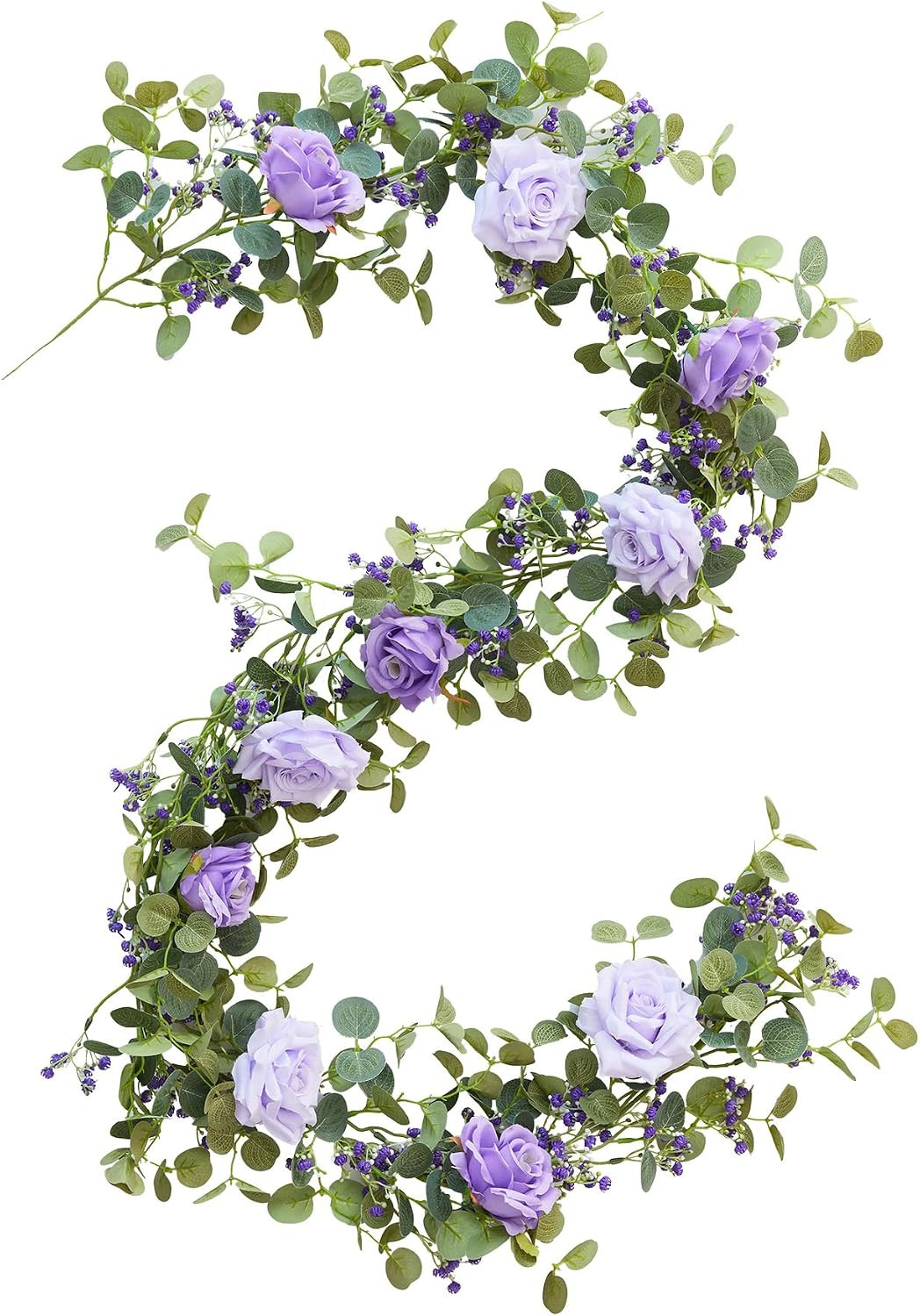 5.91FT Artificial Eucalyptus Garland with Flowers, Fake Flower Rose Gypsophila,