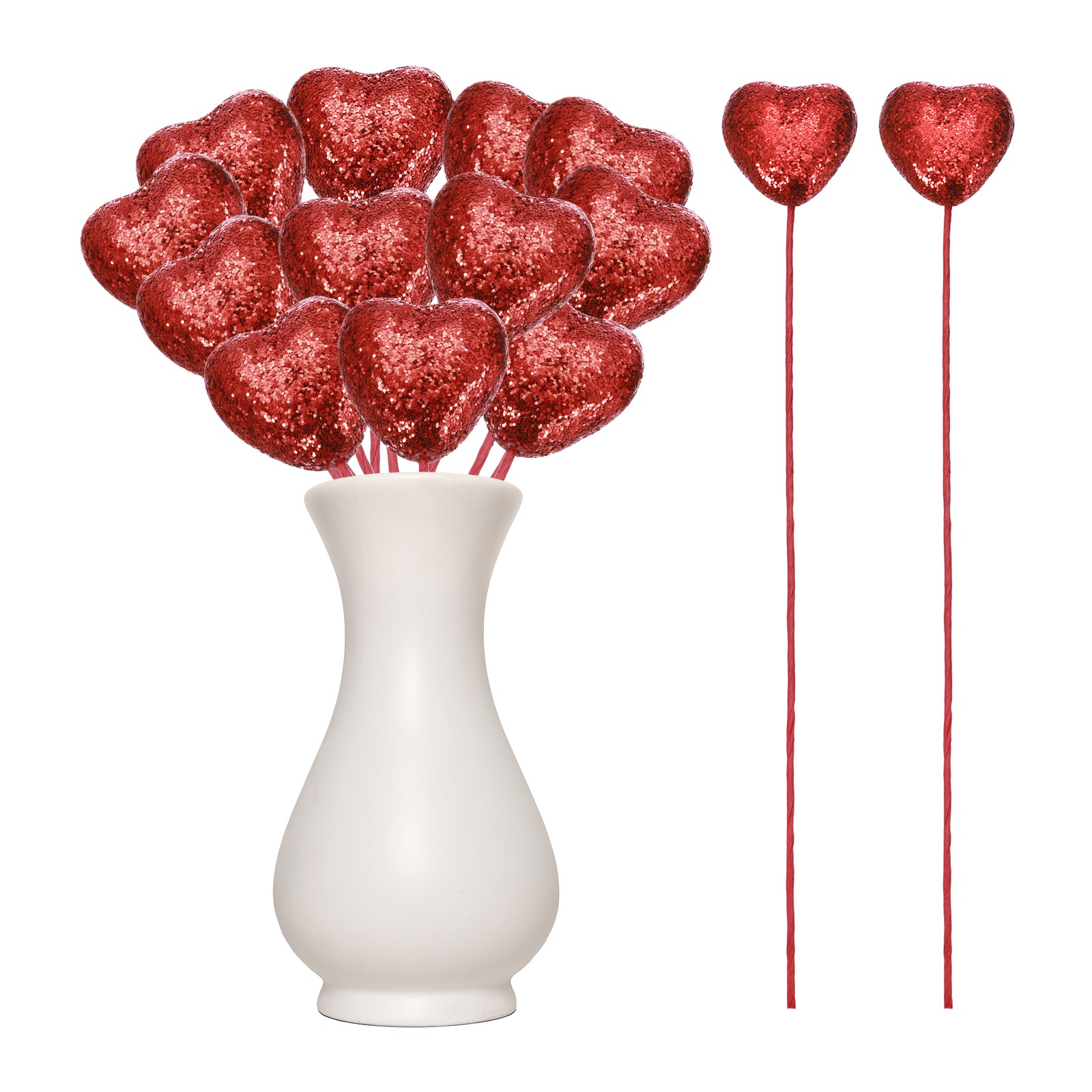 12 Pcs Glitter Heart Shaped Picks Puffy Foam Hearts Stick (Red, 3cm x 21cm)