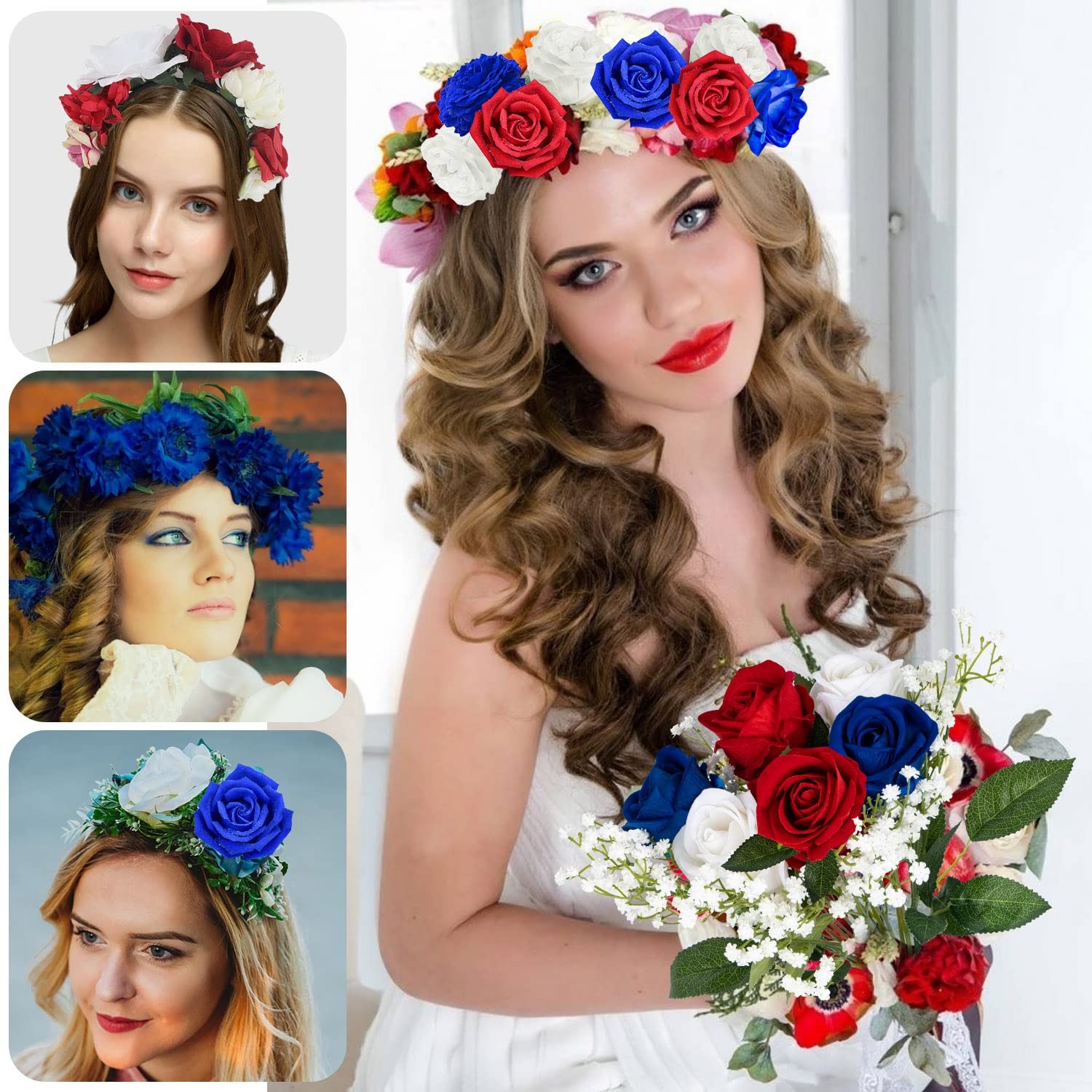 28 Pcs Red White and Blue Flowers, Patriotic Memorial Bouquet Atificial Flowe