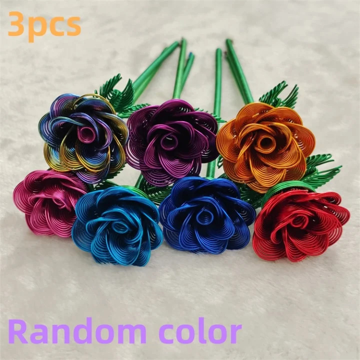 3Pcs Metal Aluminum Wire Woven Small Rose Model, Metal Aluminum Wire Handicraft