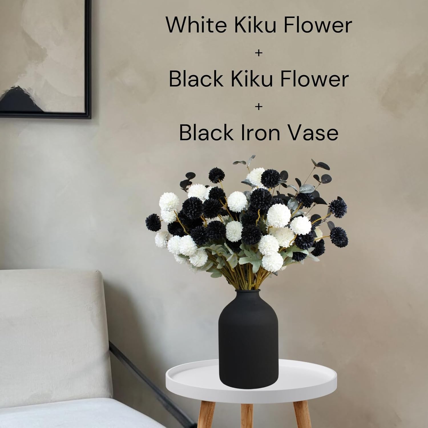White Faux Flowers for Vase – Kiku 10 Stems & Eucalyptus, Fake Flowers Stems