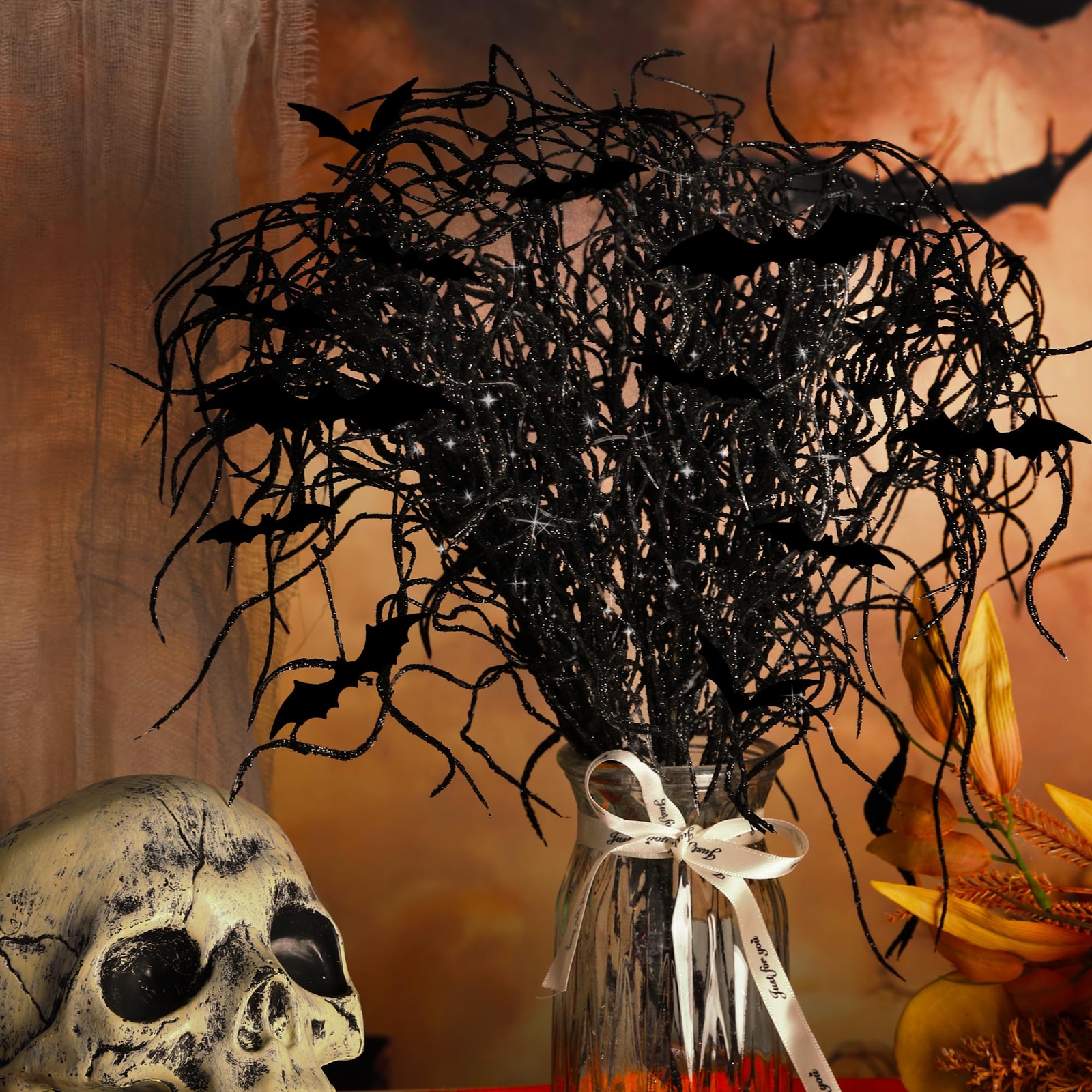 24 Pcs Halloween Artificial Curly Willow Branches with 12 Pcs Bats- Fake Blac…