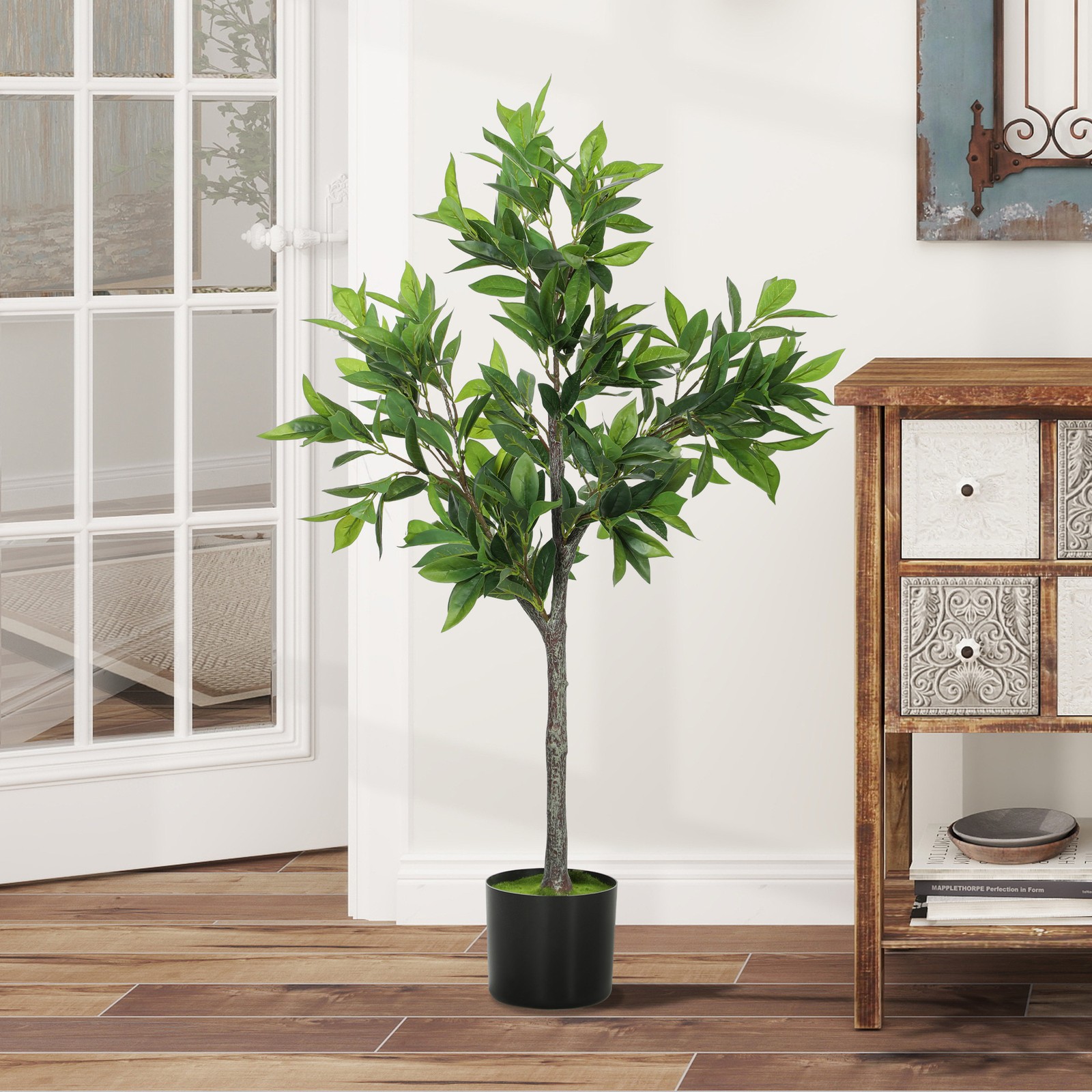 HOMCOM Potted Fake Plant with 345 PEVA Leaves, Lifelike Laurel Tree, Green