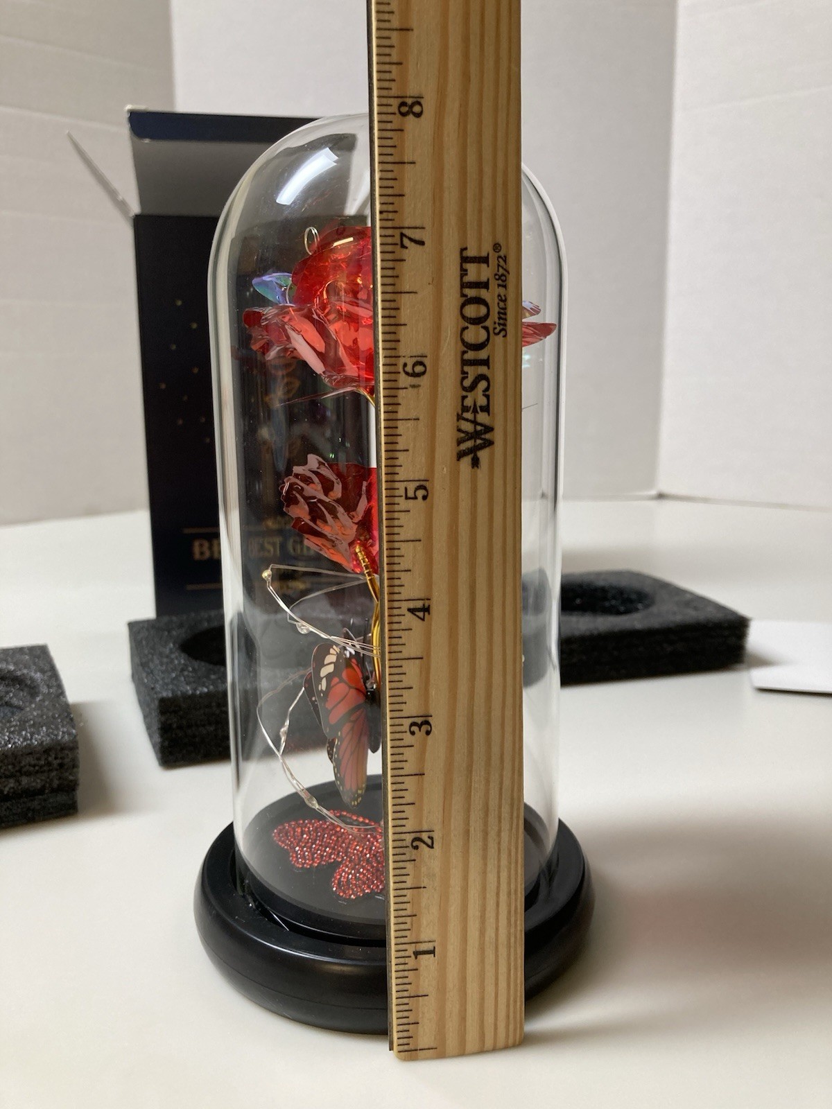 Lighted Flower & Butterfly Display Best Gift For You LED Glass Dome Red Rose New
