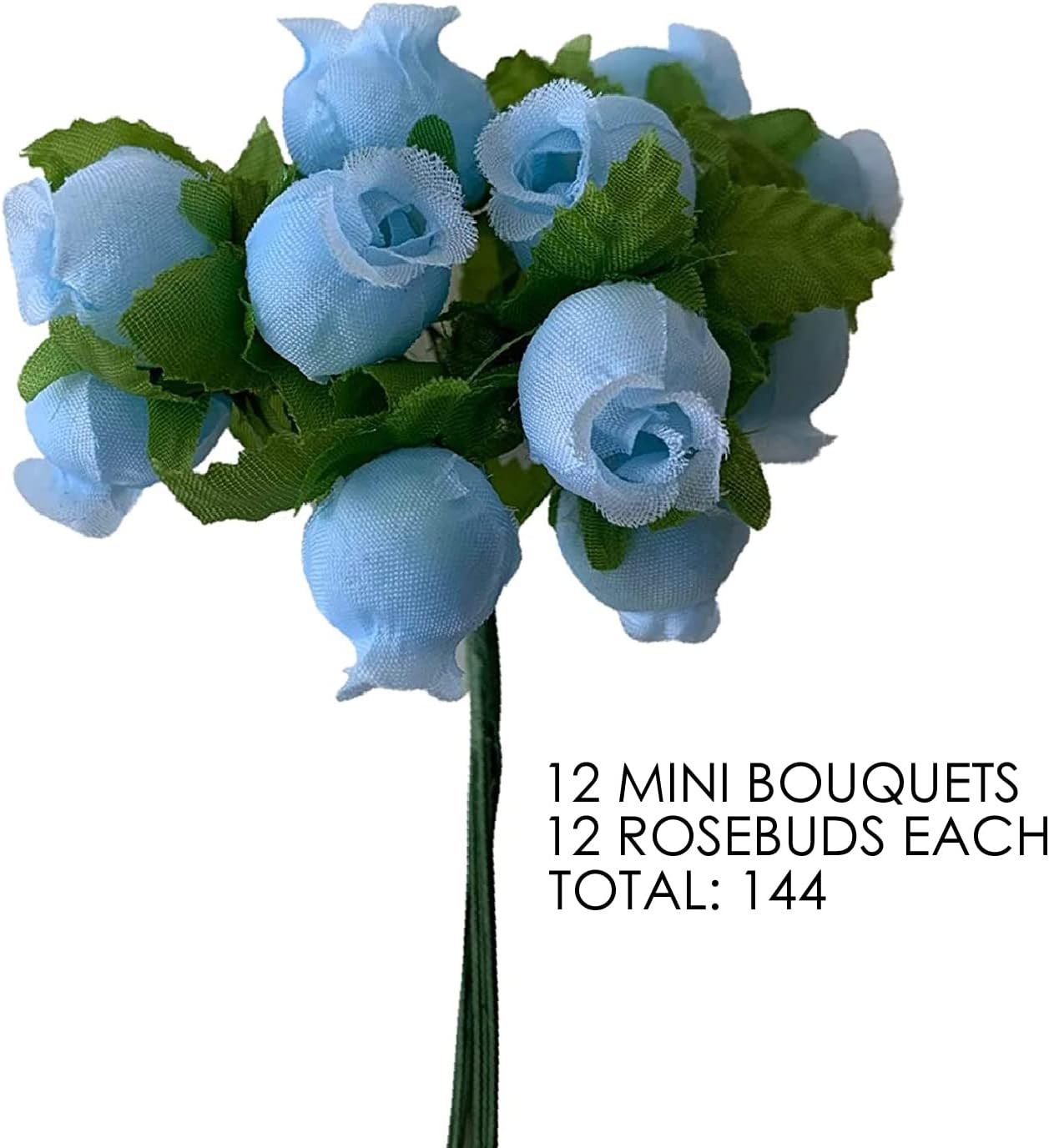 Light Blue Artificial Silk Flower Roses – 12 Mini Bouquets of 12 Rosebuds, 144 R