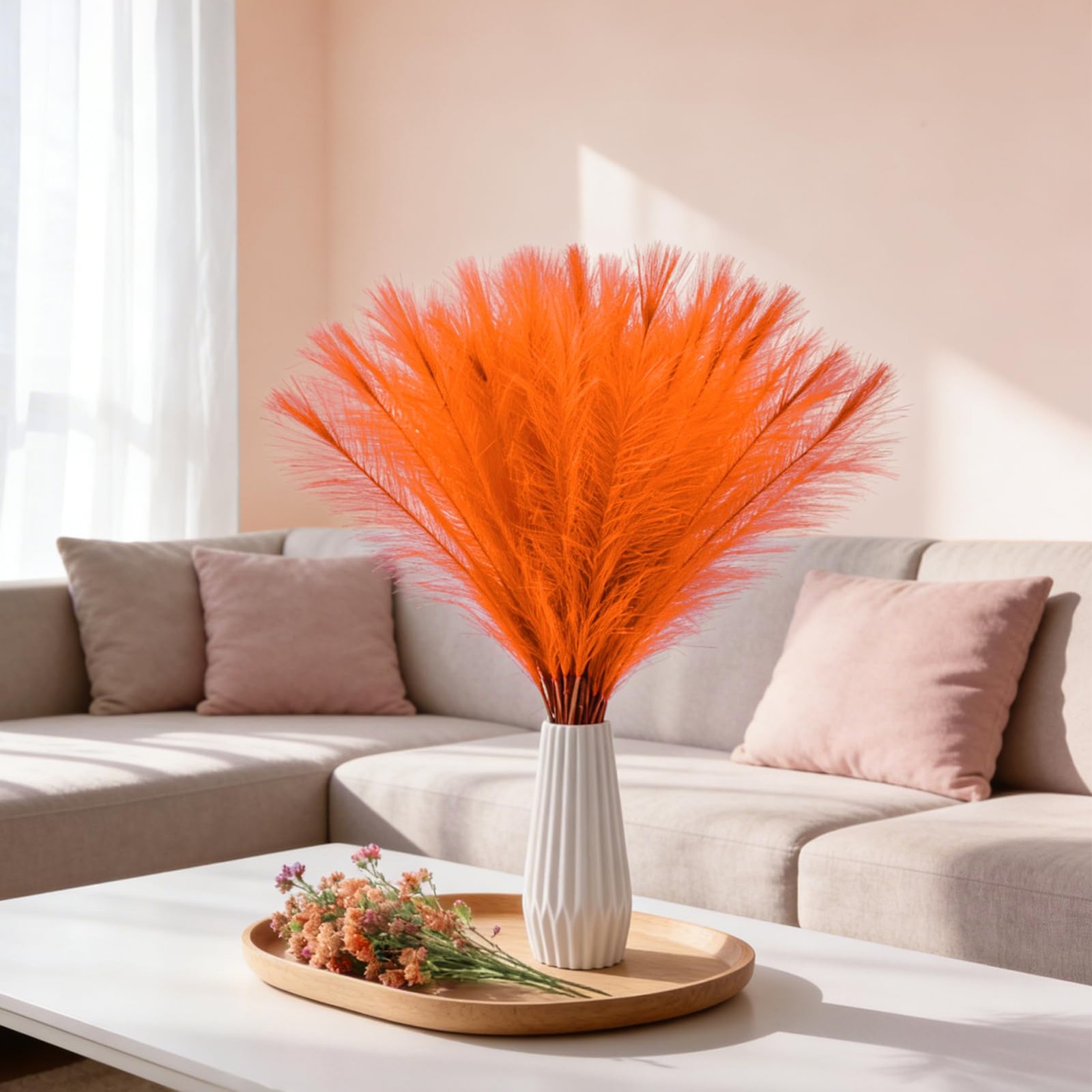 50pcs Orange Pampas Grass 21.6 Inch Non-Shedding Faux Pampas for Vibrant Warm…