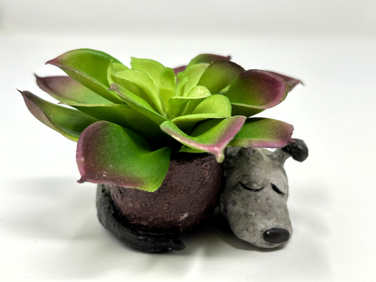 2″ Baby SLEEPING DOG Blob House Mini pot WITH faux PLANT as shown