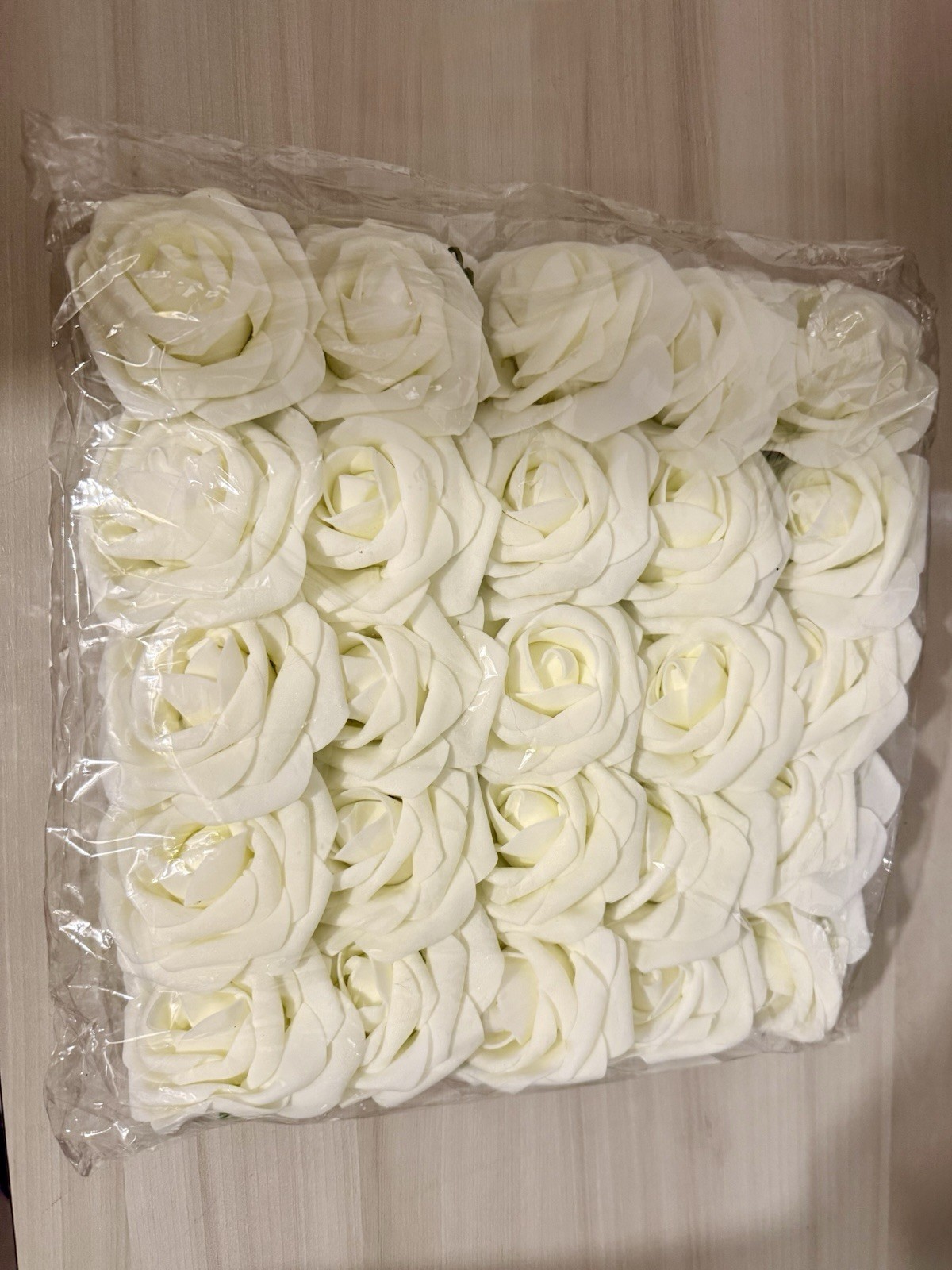 25 White Faux Rose Flowers With Wire Stems, Foam Material
