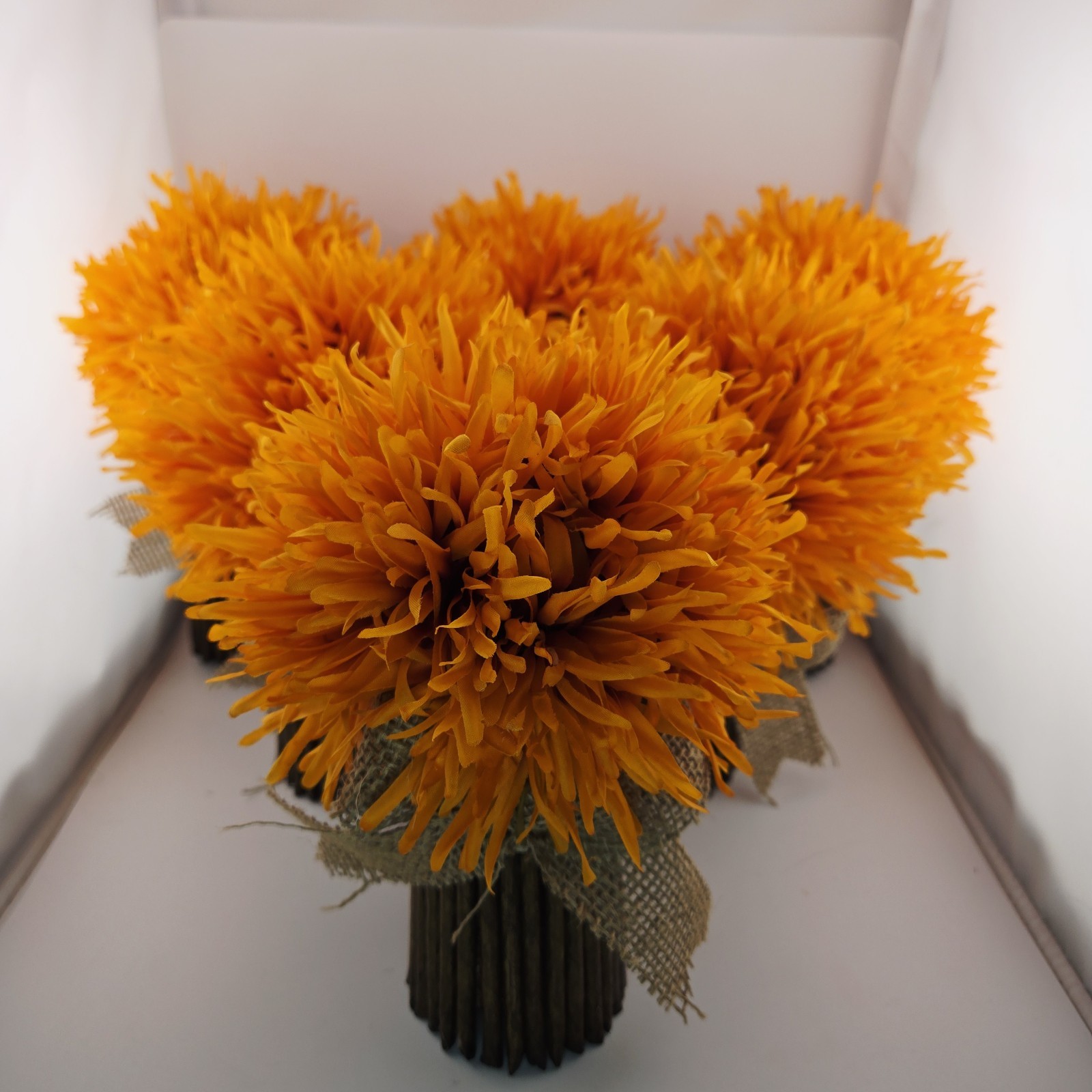 Orange Mum Artificial Floral Arrangement Lot of 6 Natural Vase 9″