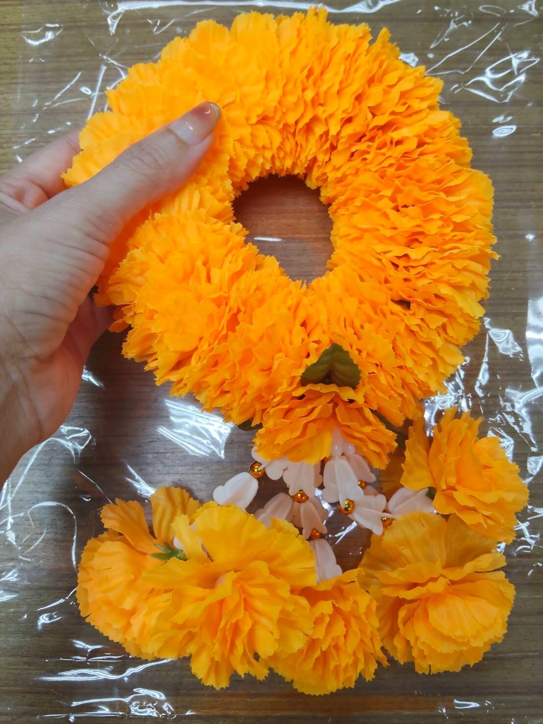 Fluffy Round Garland Hang Phuang Malai Artificial Thai Marigold Flower Fabric