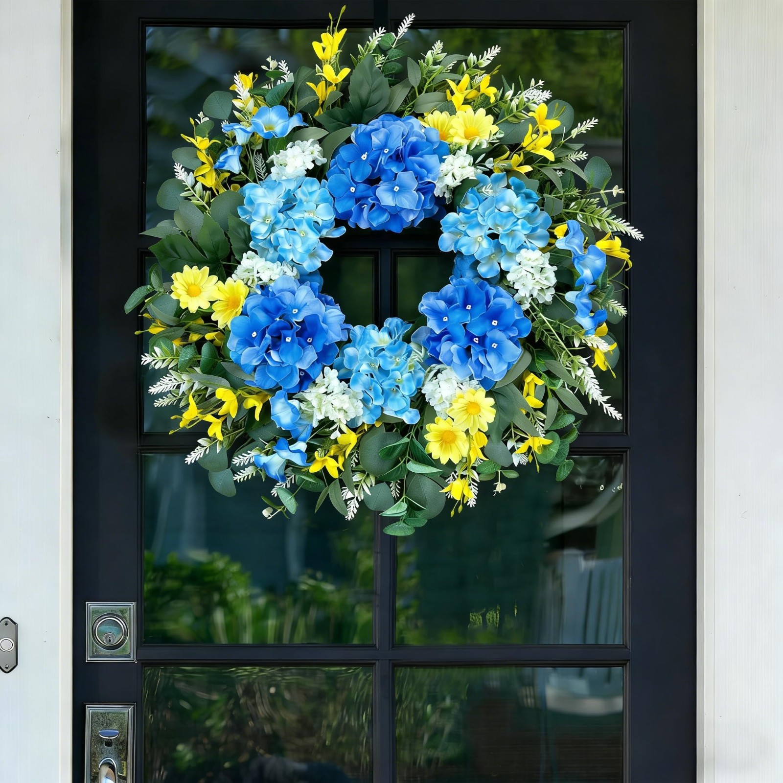 Large 26″ Artificial Spring Wreath – Silk Hydrangea, Yellow Daisy & Eucalyptus –