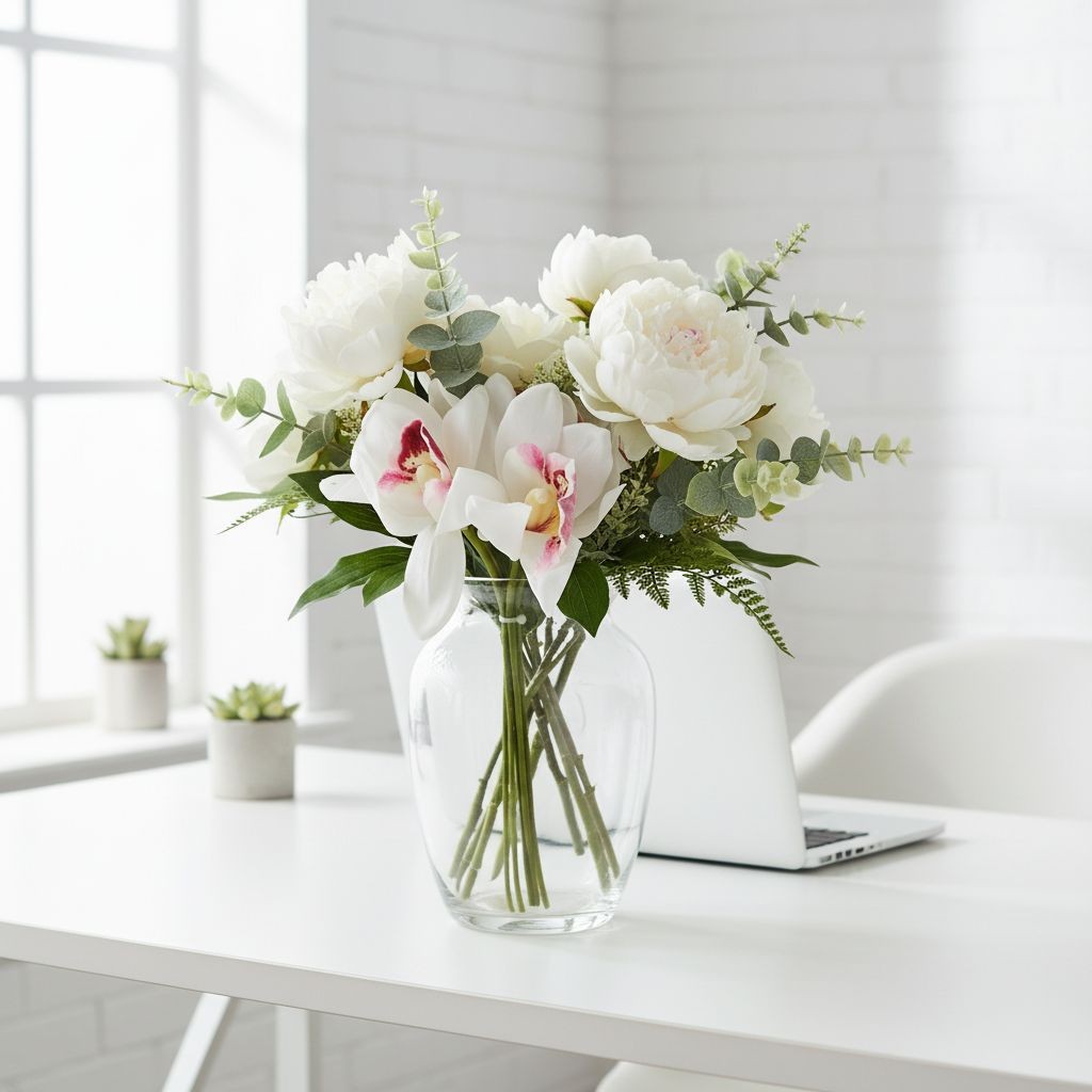 Artificial Cymbidium Orchid Stems White Blush Pink Faux Orchid Bouquet Realistic
