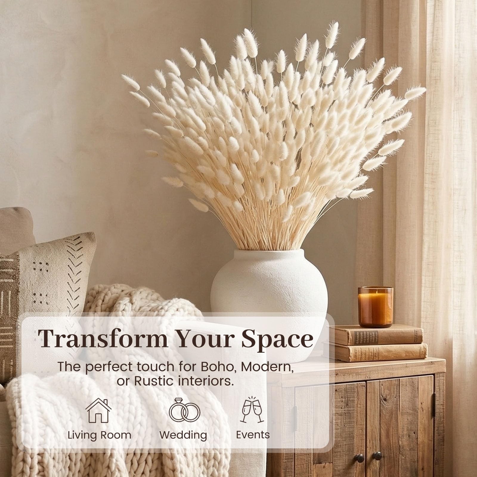 120PCS Dried Pampas Grass Decor, 17inch White Bunny Tails Dried Flowers, Bunn…