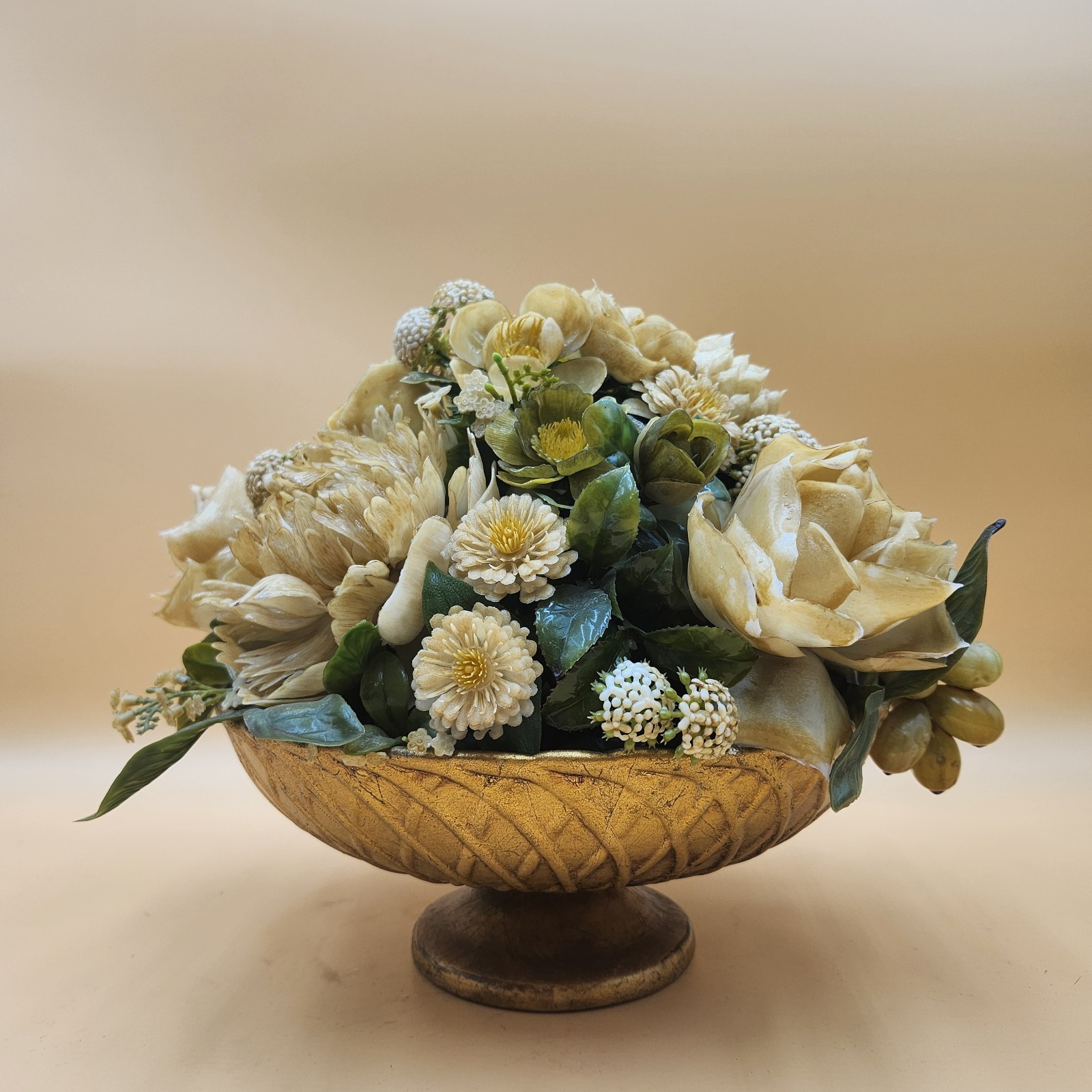 Vintage gold bowl artificial flower fruit arrangement white green Mid Century