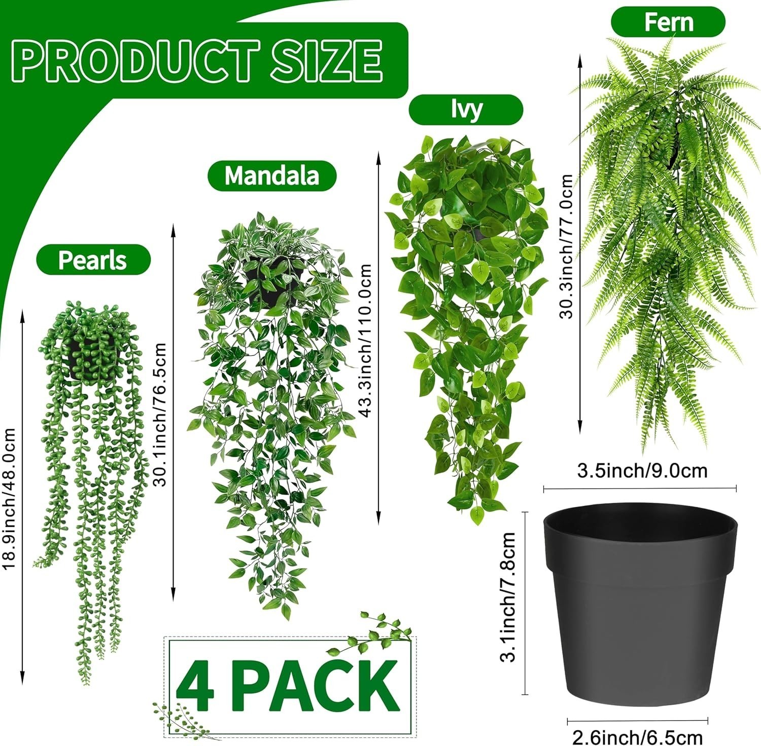 Artificial Hanging Plants Shelf 4 Pack Fake Potted Greenery Plant Faux Mandala