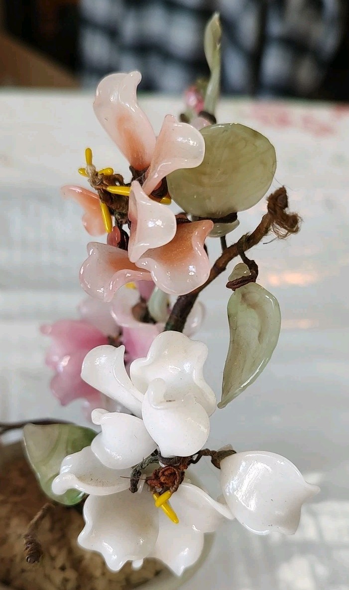 2 Vintage Glass Bonsai Tree Pink Cherry Blossom Artificial Plant Oriental