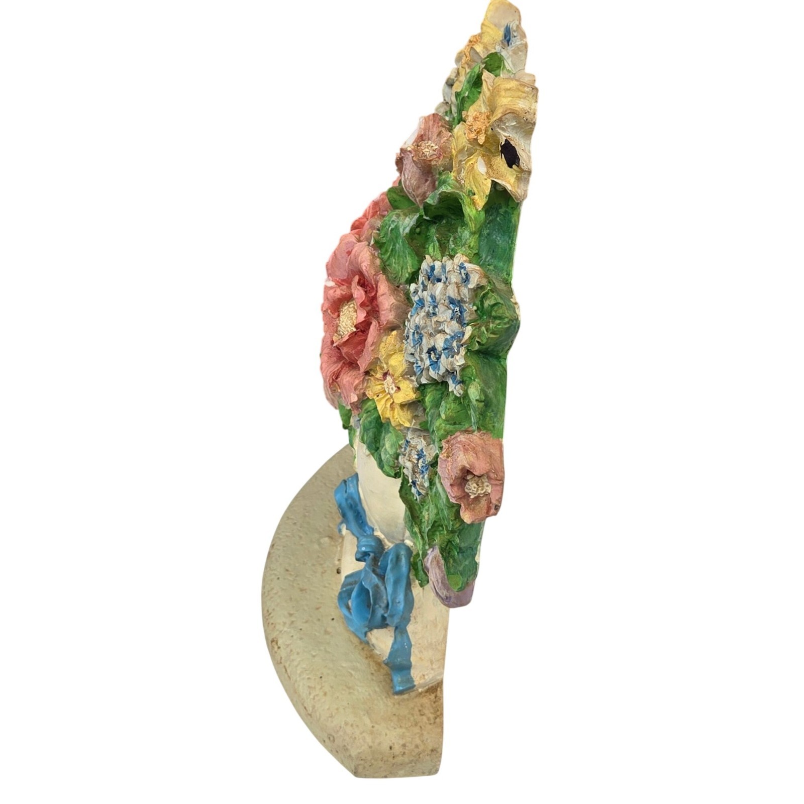 Vintage Flower Arrangement Doorstop Shabby Cottagecore Floral White Blue Ribbon