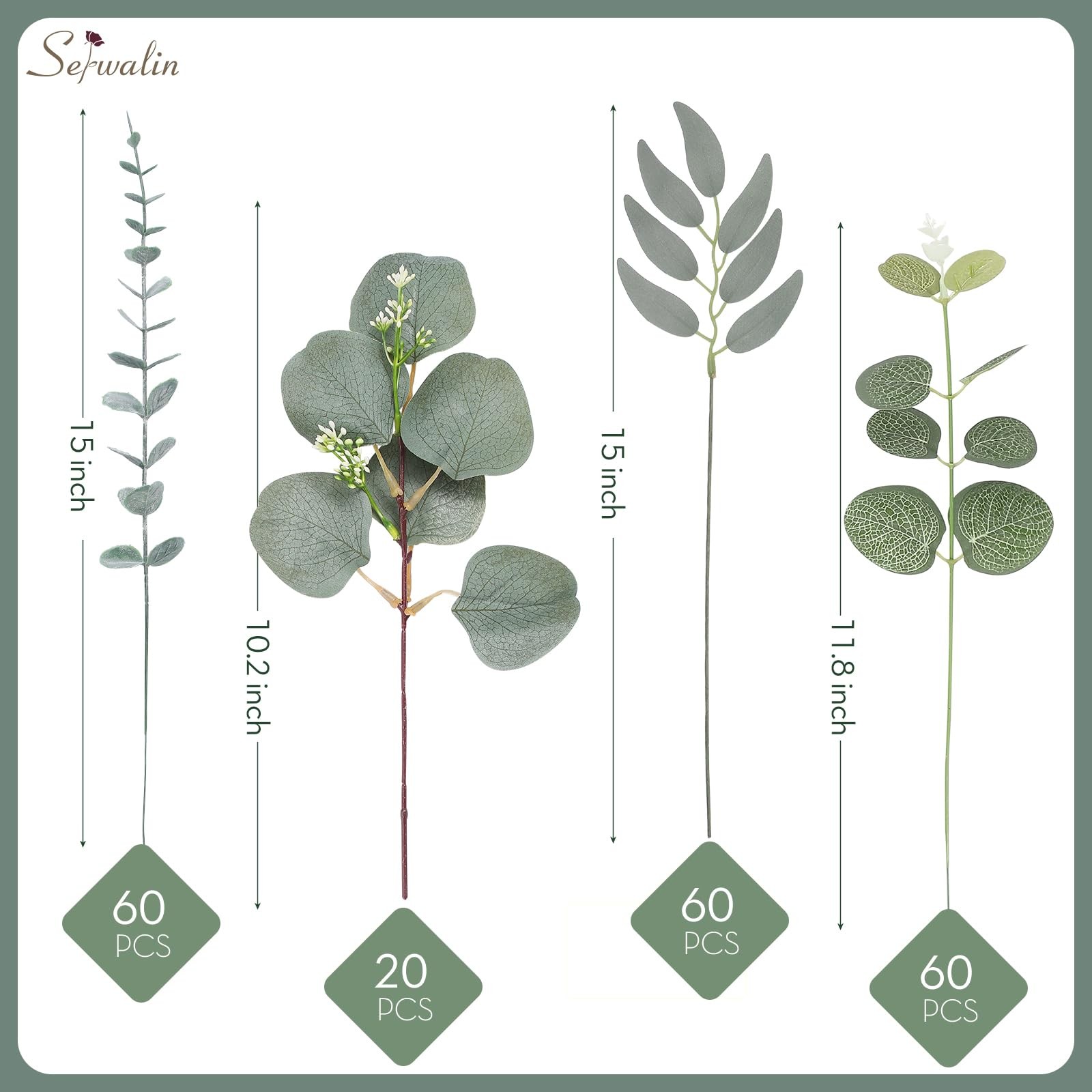 Serwalin 200pcs Artificial Mixed Eucalyptus Leaves Stems Bulk, 4Kinds Silver …