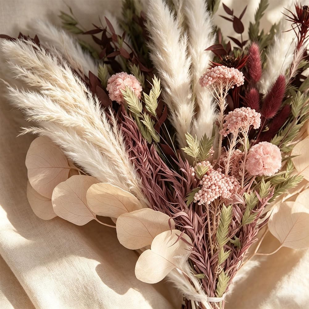 Blush Pink & Burgundy Dried Flower Bouquet, Cream Pampas Grass with Sage Gree…