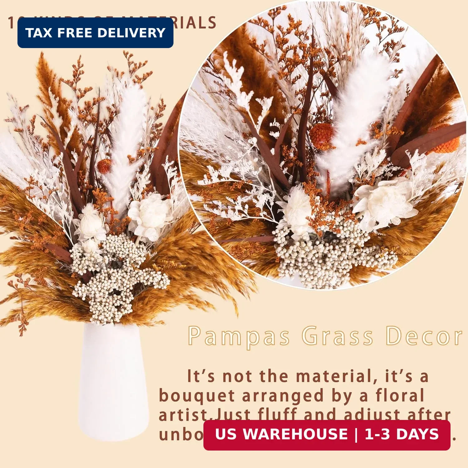 17″ Boho Dried Flower Bouquet – Natural Pampas Grass & Real Flowers for Spring H