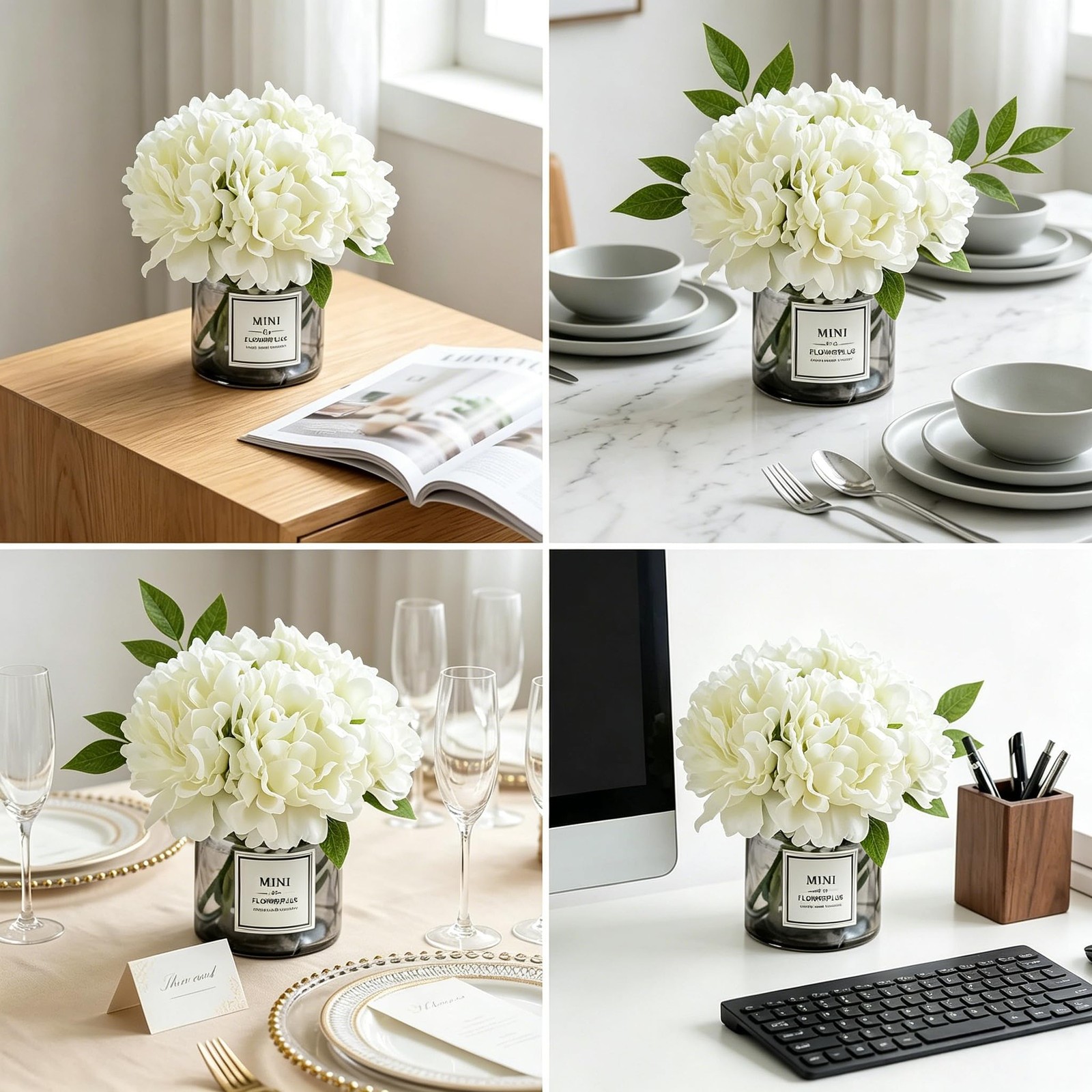 Artificial Hydrangea Flowers with Vase Realistic Faux Peonies, White Hydrange…