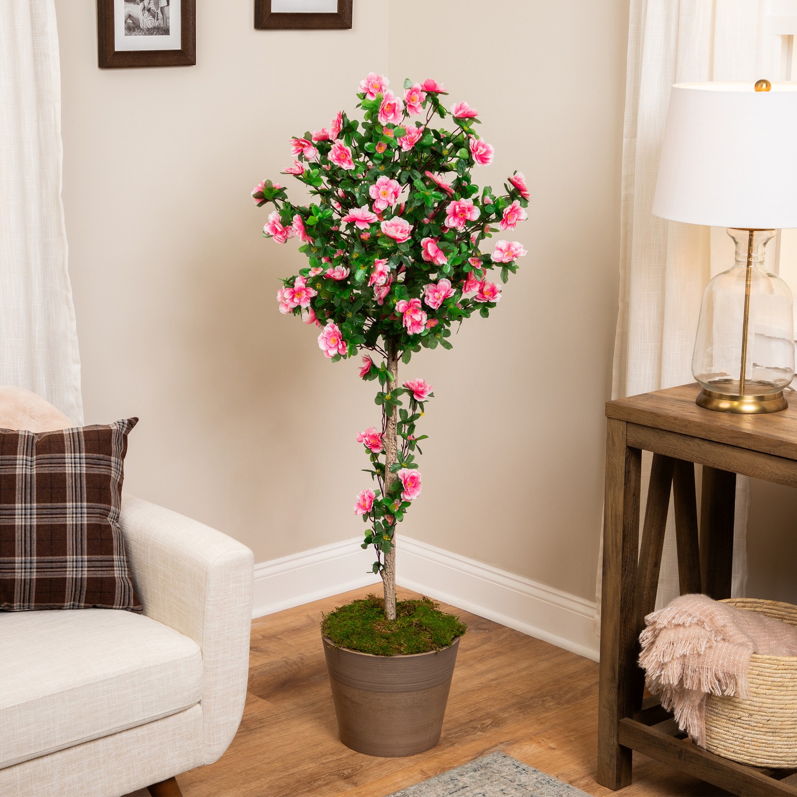 4.5′ Potted Artificial Azalea Flower Tree – Pink – 4.5′