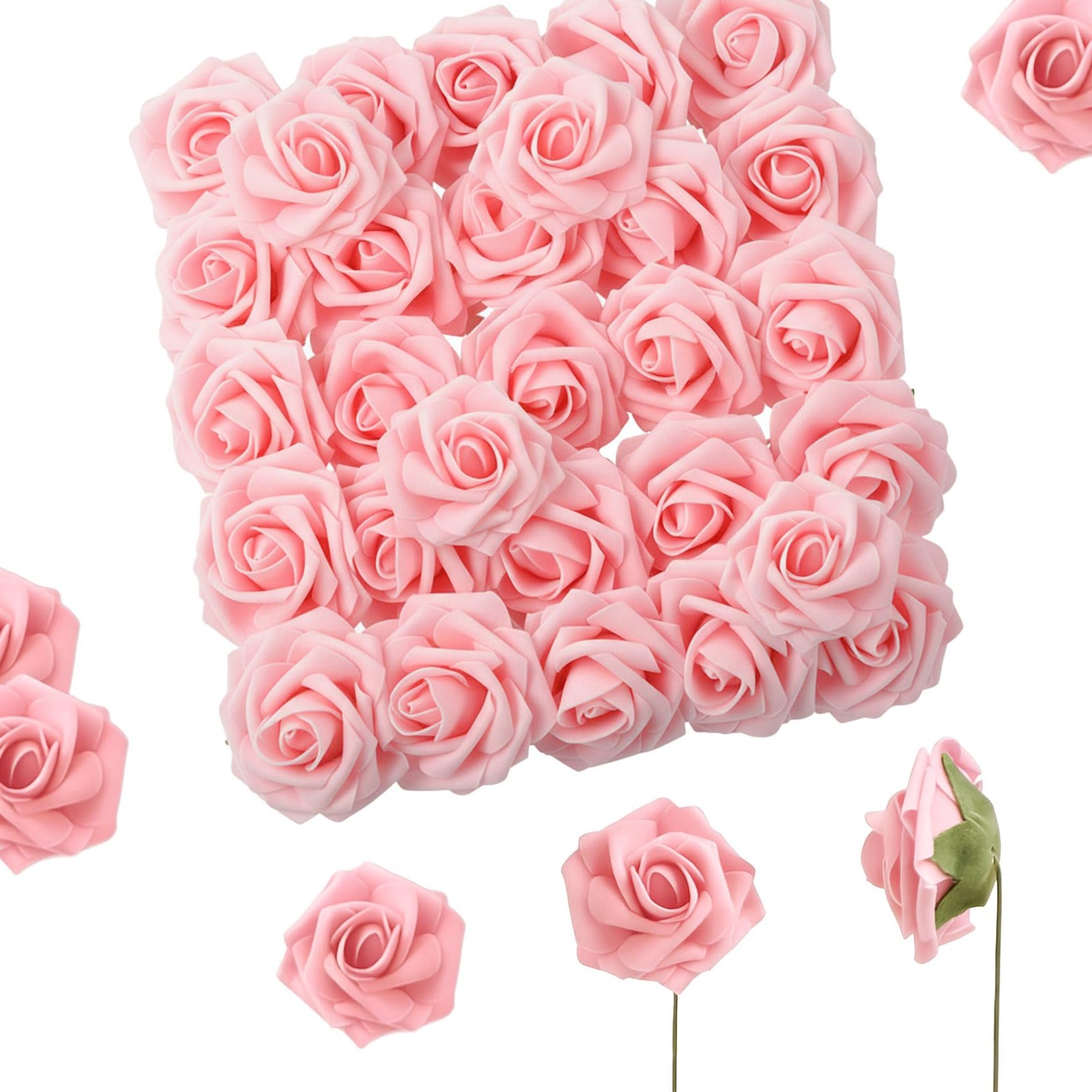 Artificial Flowers, 25pcs Blush Pink Fake Roses with Stems for DIY Wedding De…