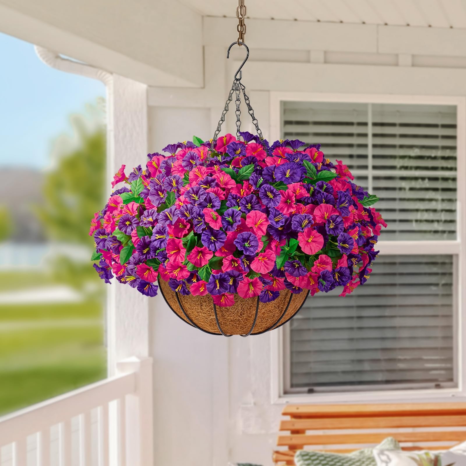 Set of 2 Artificial Hanging Flower Baskets for Outdoor Decor, 16 Bundles Faux…
